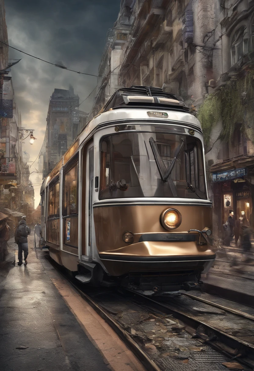 New concept short tram,Goods and bikes can be left behind,In a busy city,There is a small café