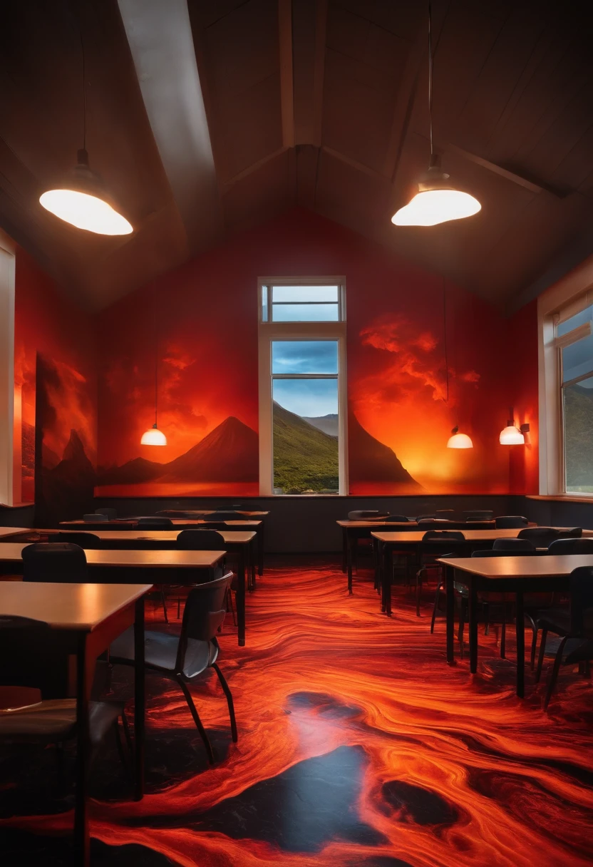 A THEMED CLASSROOM WITH LAVA FLOORS, erupting volcanoes, PAISAGEM,