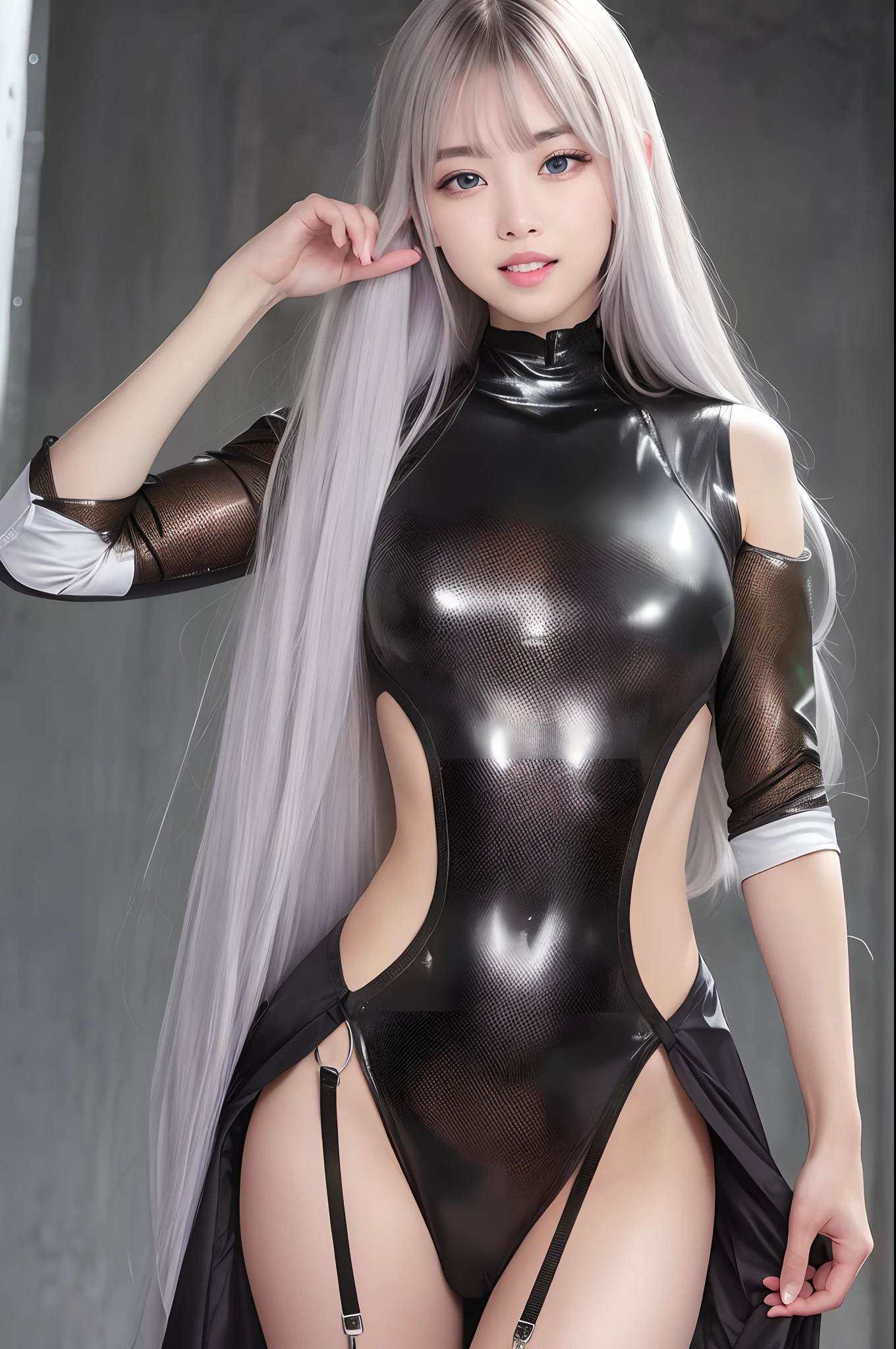masterpiece、A hyper-realistic、32K、High definition CGUnity 8k wallpaper、top-quality、Raw photo、full body Esbian、Sexy Body Girl、soldier、Dark camouflage suit,arma、Combat readiness、 natural soft light、Smile with visible perfect teeth、dynamicposes、Perfect beautiful hands、Detailed finger、beautifully detailed eyes、perfect eyes、mesmerizing eyes、silber hair、Longhaire、