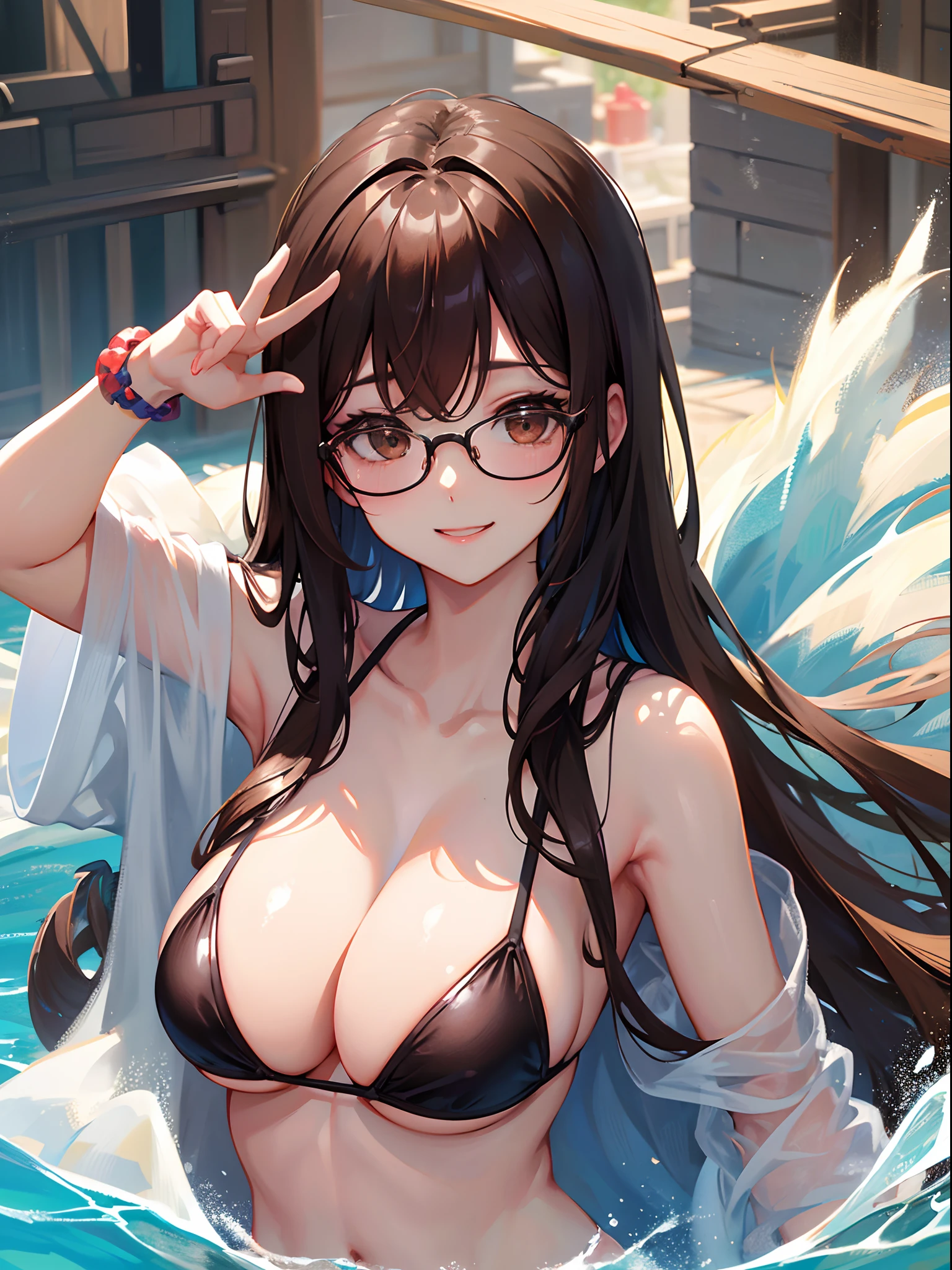 1 female、brown haired、Brown eyes、Black-rimmed glasses、seductive boobs、gorgeous faces、Perfect body。Best Quality、ultra-detailliert、8K resolution、Raw photo、masutepiece。Mare、The bikini。a smile
