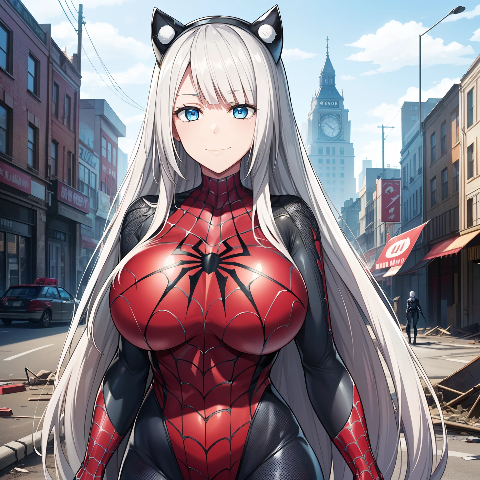 1girl,gigantic breasts,standing in ruined city,(8k),scratches,detailed face,white hair,blue eyes,long hair,embarassed,small smile face,high_res, high_definition,the battlefield,Heroic pose,dark suit, (symbiote spider man Custome:1.1),