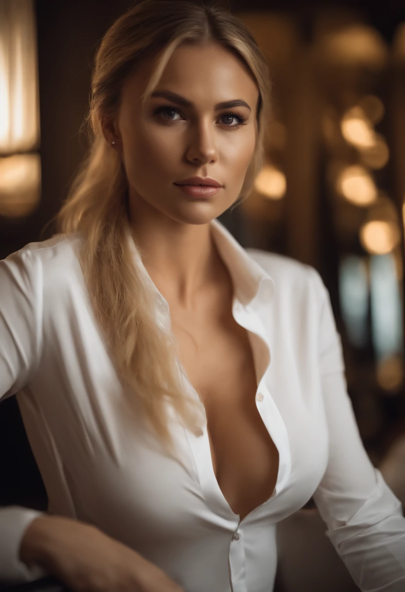 Highly detailed, Erotic women, White Skin Tight Shirt, (busty, The are so huge The shirt keeps busting, Golden hair,poneyTail,light skinned),Focusing on the face, Focus on the face, intricate eyes,The background is a hotel,