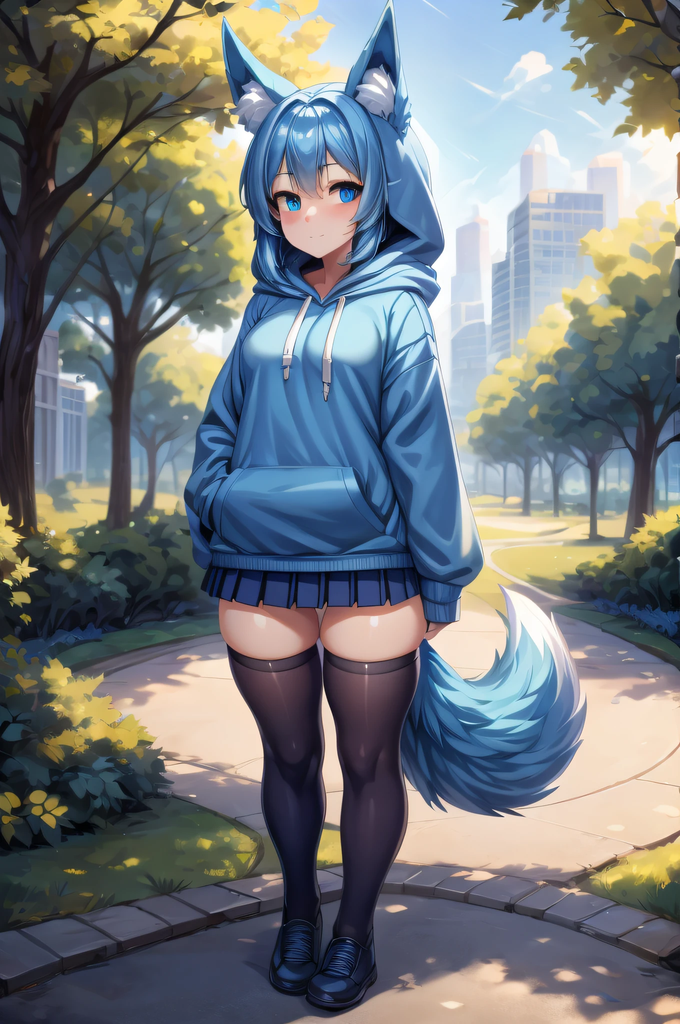 (Masterpiece) (High Detail) (High Res) A short humanoid girl with pale human skin and blue eyes and long blue hair and blue dog ears and a fluffy dog tail is stood in a park whilst wearing a slightly oversized blue hoodie, black pleated skirt and striped thigh high socks. Full body image.