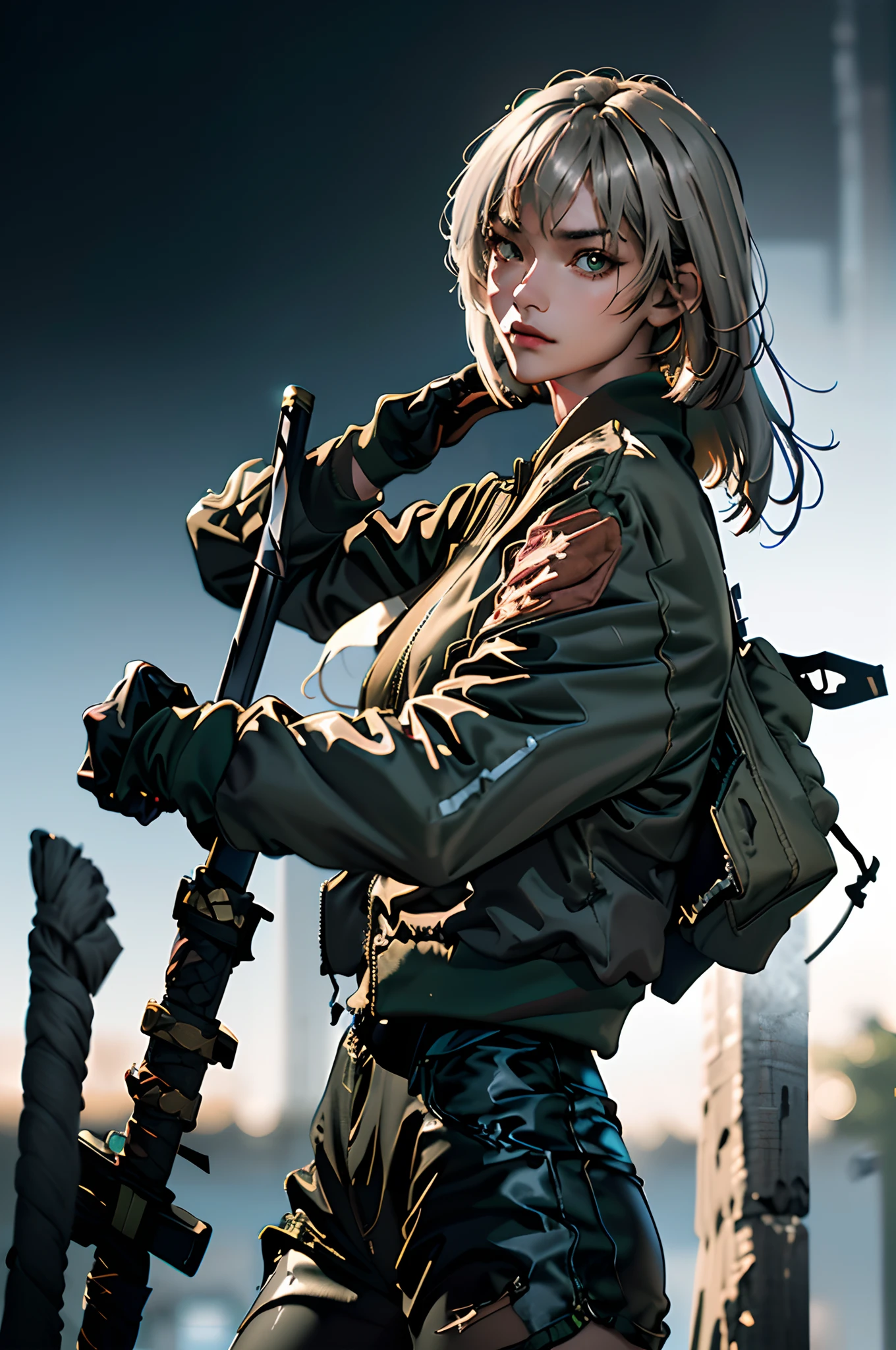 In the ruined city,Handheld Barrett,wearing a grenade pouch,