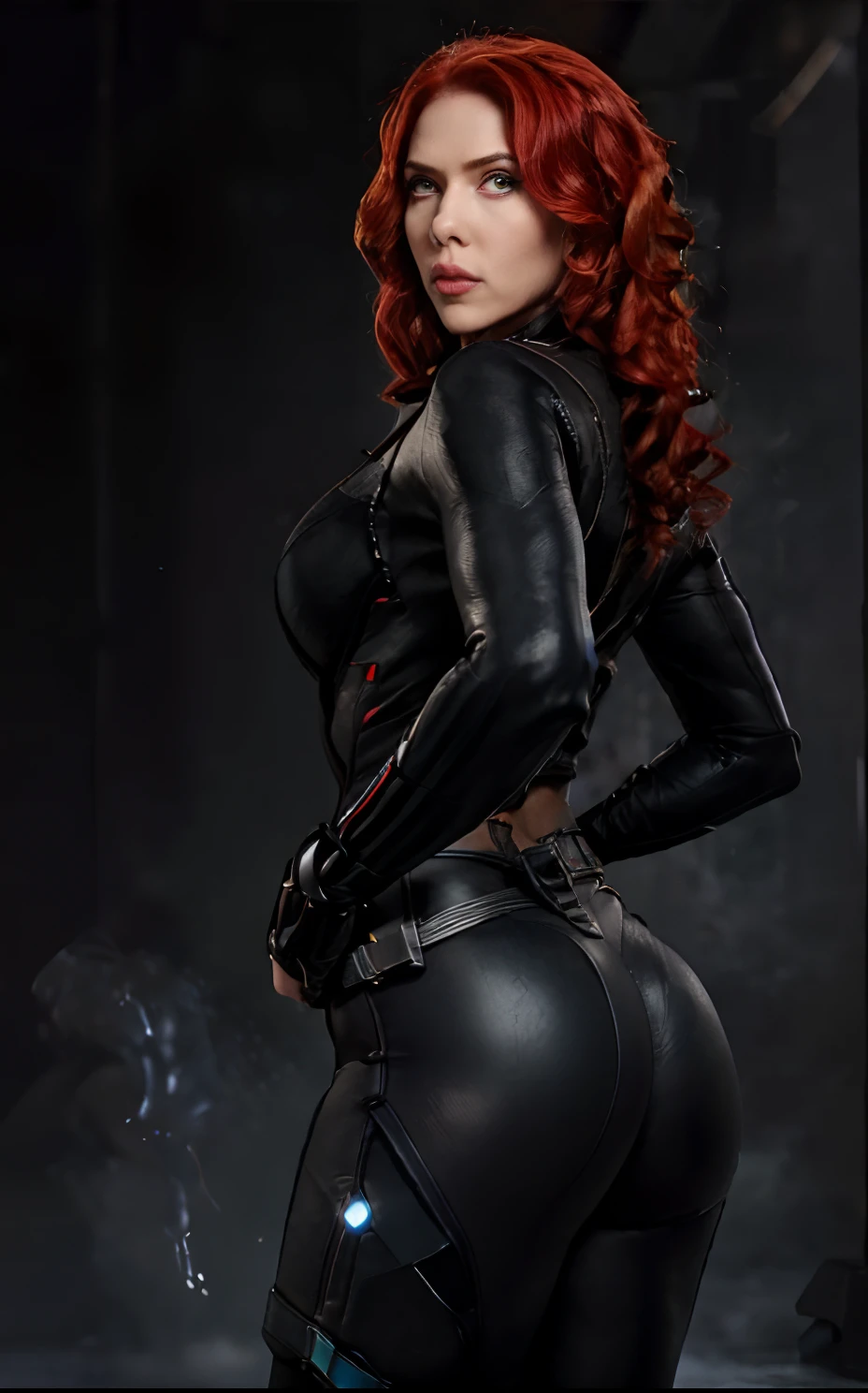 Stunning black widow, tight black suit, black widow suit, iron man 2 movie, red hair, masterpiece, 4 k ,high resolution photo, waist shot, ((droopy breast, skinny waist, thick thigh, wide hips, protruding ass)), perfect body proportion hourglass figure, butt to camera, avenger headquarter background , perfect lighting, realistic photo