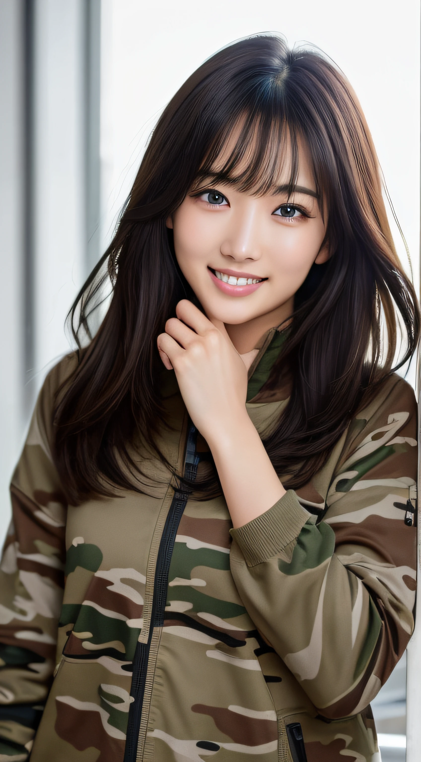 masterpiece、A hyper-realistic、32K、High definition CGUnity 8k wallpaper、top-quality、Raw photo、full body Esbian、Sexy Body Girl、soldier、Dark camouflage suit, natural soft light、Smile with visible perfect teeth、dynamicposes、silber hair、Longhaire、Perfect beautiful hands、Detailed finger、beautifully detailed eyes、perfect eyes、mesmerizing eyes