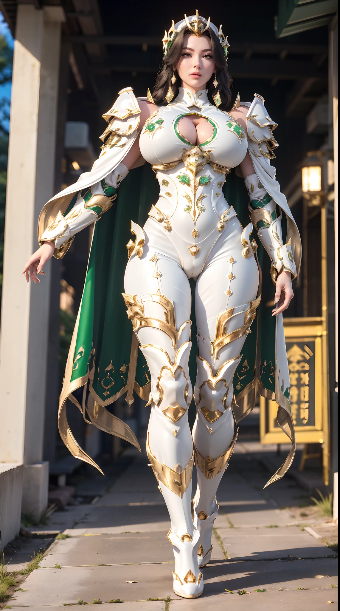 1GIRL, SOLO, (ssmile, makeup, beautifull eyes), (gold dragon horn helmet:1.3), (BIG BUTTOCKS, HUGE BOOBS:1.4), (DRAGON GUARD ARM, GLOVES), (white, green), (MECHA CYBER SHINY ARMORED SUIT, ROYAL CAPE, CLEAVAGE, MECHA SKINTIGHT PANTS, GUARD ARMOR LEGS, HIGH HEELS:1.4), (MUSCULAR BODY, SEXY LONG LEGS, FULL BODY:1.5), (MUSCLE ABS:1.2), (LOOKING AT VIEWER:1), (WALKING DOWN ON STREET CHERRY TREES IN THE MORNING:1.3), PHYSICALLY-BASED RENDERING, ULTRA HIGHT DEFINITION, 8K, 1080P.