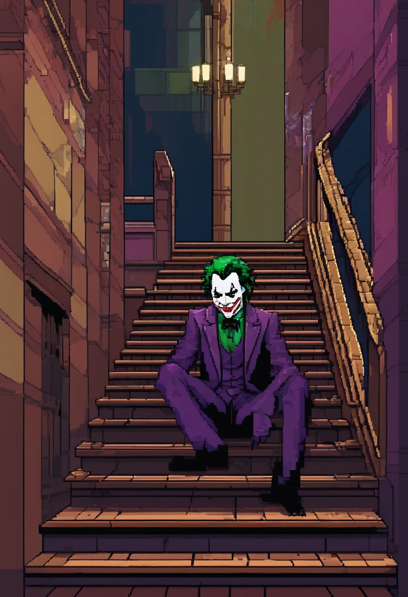 Joker on a staircase,illustrated,medium,dark and twisted,haunting atmosphere,exaggerated expressions,vivid colors,strong shadows,skewed perspective,gloomy setting,horrifying presence,detailed clothing,sharp focus,realistic textures