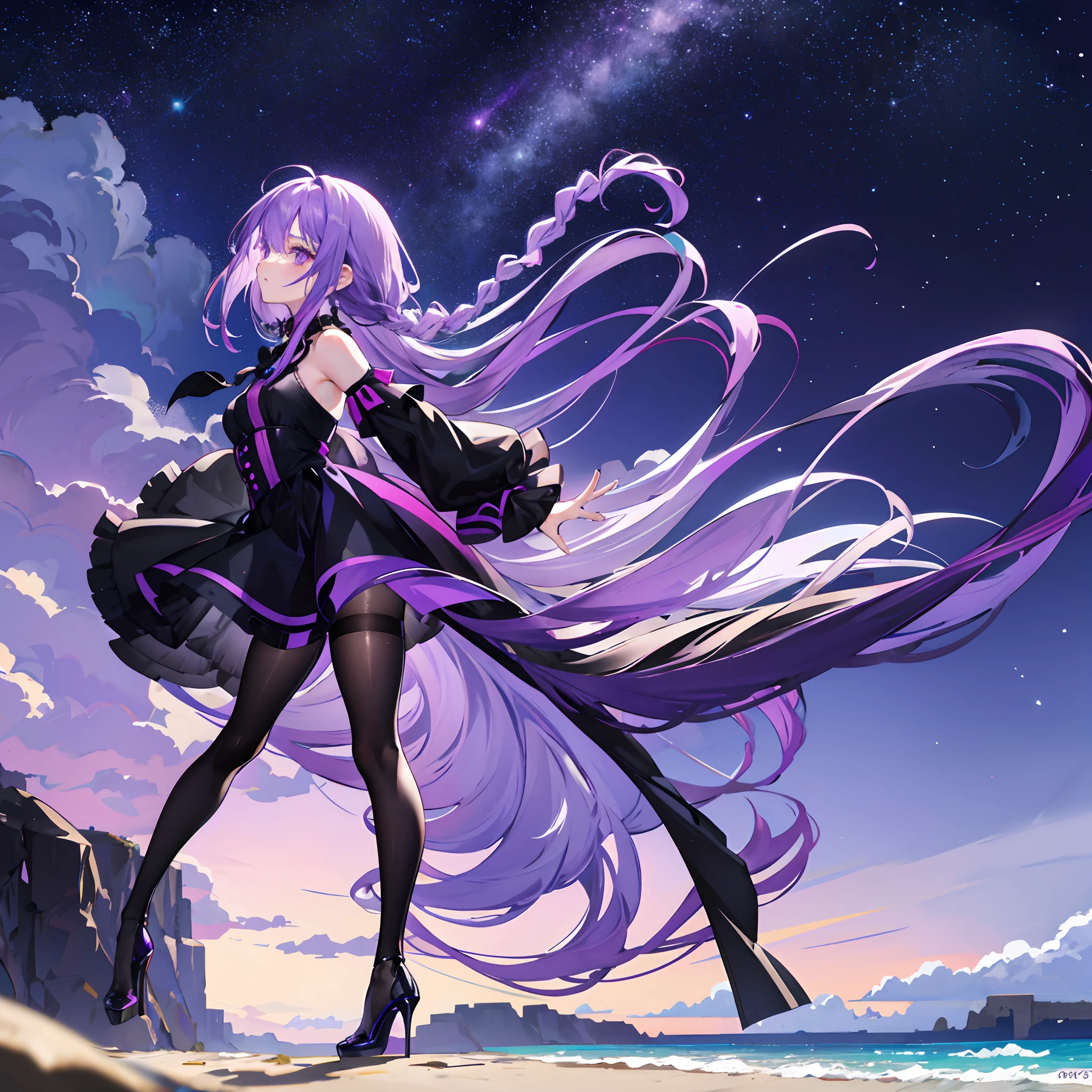 Purple colored hair,long whitr hair,Purple eyes,Twist braids,adolable,s girl,Wearing a beautiful black dress,Black silk pantyhose,wearing high heels on feet,Full body photo from the side,All body,Fingers and arms are not exposed,Background sandy beach,Starry sky by the sea,Happy expression