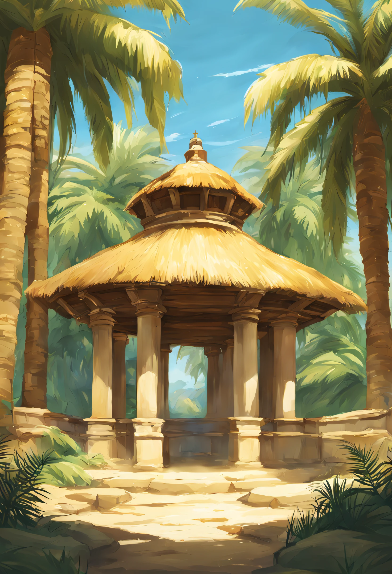Sob o brilho dourado do sol poente, A serene, ancient well awaits in the shade of tall palm trees, cercado por montanhas que se erguem majestosas no horizonte. An oasis of tranquility in the desert, where the fates of Isaac and Rebekah intertwine for the first time. imagem estilo anime