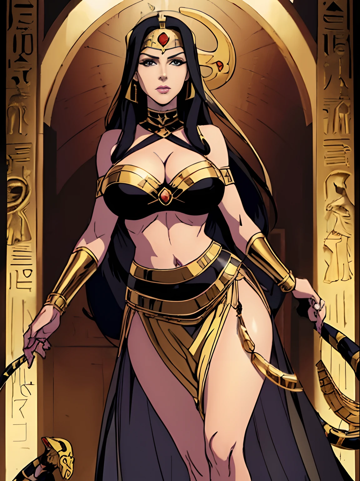 (masterpiece, top quality, best quality, official art, beautiful and aesthetic:1.2), (1girl:1.3), (((((statue of a goddess with a cobra head, black skin, obsidian skin))))), extremely detailed, portrait, looking at viewer, solo, (full body:0.6), detailed background, close up, mischievous eyes, (hot summer Egypt theme:1.1), Egyptian goddess, gold Egyptian mask, gold facemask, (very long neck), pharaoh crown, mummy mask, Persian nose, bold nose, long nose, arched nose, downturned nose, large nose, black stone skin, onyx, charlatan, smirk, mysterious, walking in desert, revealing white and gold Egyptian silks, ((cobra head)), white short skirts, ((draped halter top), criss cross halter top, criss-cross halter top, criss cross straps, criss-cross straps), jewelry, white fabric, gold jewelry, precious stones, dual sickle swords, ((((gigantic breasts, cleavage, skindentation)))), slim waist, slim hips, long legs, ancient (Egyptian temple exterior:1.1) background, dark mysterious lighting, shadows, magical atmosphere, dutch angle,