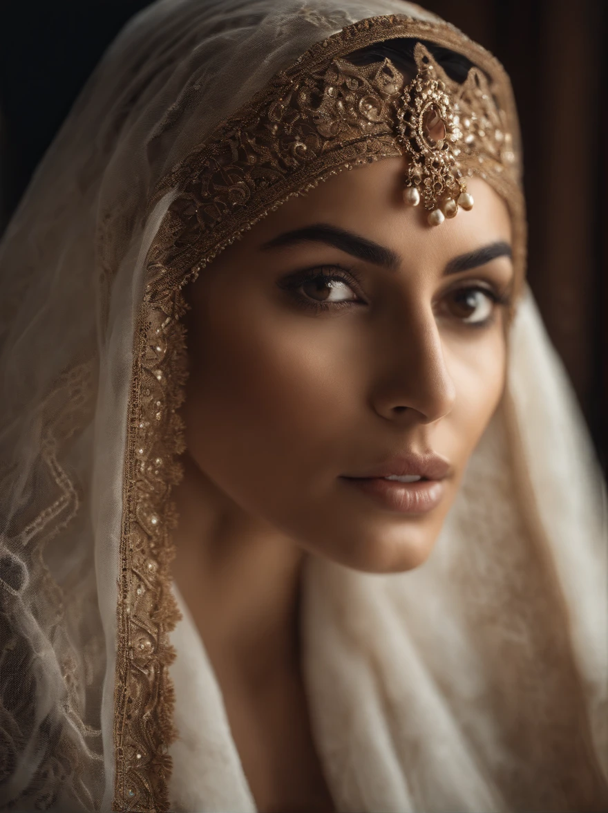 there is a woman with a veil on her head and a hand on her face, intricate patterns on face, intricate face, photorealistic and intricate, middle eastern skin, 8k artistic portrait photography, photoshoot for skincare brand, detailed woman, ethereal beauty, intricate portrait, intricate beautiful faces, intricate detailed photography, perfect face!! intricate, traditional beauty, veiled face