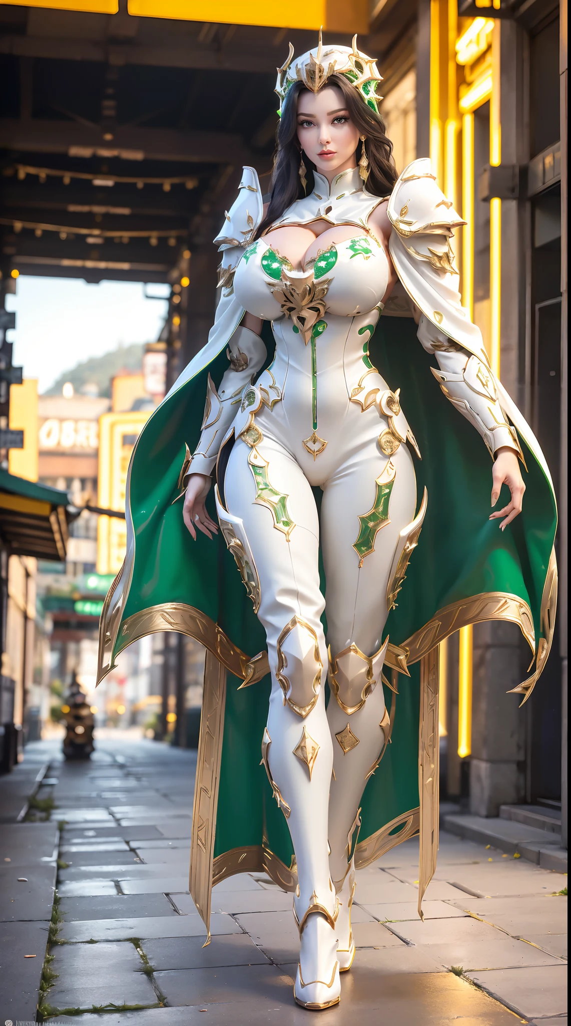 1GIRL, SOLO, (DARK HAIR, HAIR ORNAMENT), (HUGE FAKE BOOBS:1.3), (white, green, gold, FUTURISTIC DRAGON MECHA ARMOR SUIT, ROYAL CAPE, CLEAVAGE:1.5), (SKINTIGHT YOGA PANTS, HIGH HEELS:1.2), (NSFW GLAMOROUS BODY, SEXY LONG LEGS, FULL BODY:1.3), (FROM FRONT, LOOKING AT VIEWER:1), (WALKING DOWN ON STREET NIGHT CITY:1.3), PHYSICALLY-BASED RENDERING, ULTRA HIGHT DEFINITION, 8K, 1080P.