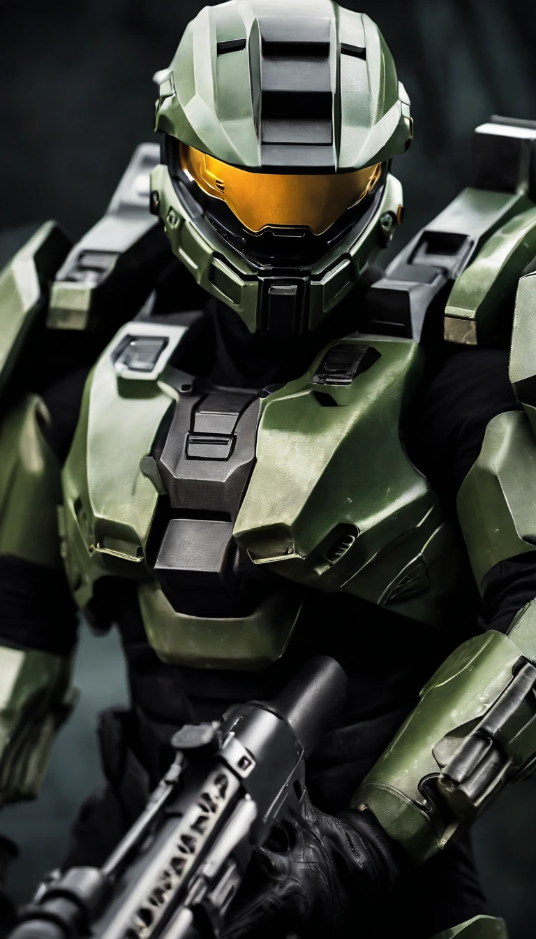 21 year old muscular tough woman wearing doomguy doom green navy armor and DOOM helmet with big breasts naked