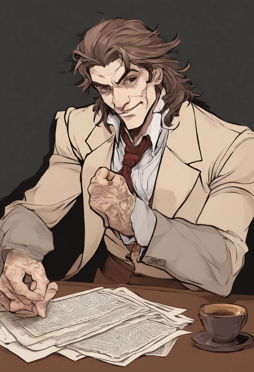 man possesses a facial visage reminiscent of a Gringotts Goblin from the Harry Potter universe. Dressed impeccably in a finely tailored suit characteristic of 1870s Victorian England, he is seated at a mahogany table. With an aura of malevolence, he intently peruses a newspaper, a devilish grin curling upon his lips Realistic style, artistry captures every intricate detail, from the meticulously crafted folds of his attire to the sinister gleam in his eyes."