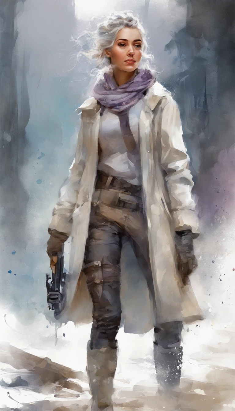 Masterpiece, Best picture quality, Extreme vividness, Anime girl with curly ponytail, petite figure, white functional coat, small, blue-purple gradient ski goggles, cyberpunk, gray hair, natural casual style, dynamic stance, golden section, portrait with large aperture, cool tones, strong visual impact, white space, light and shadow contrast, super texture, sunset afterglow, super clear picture, simple picture