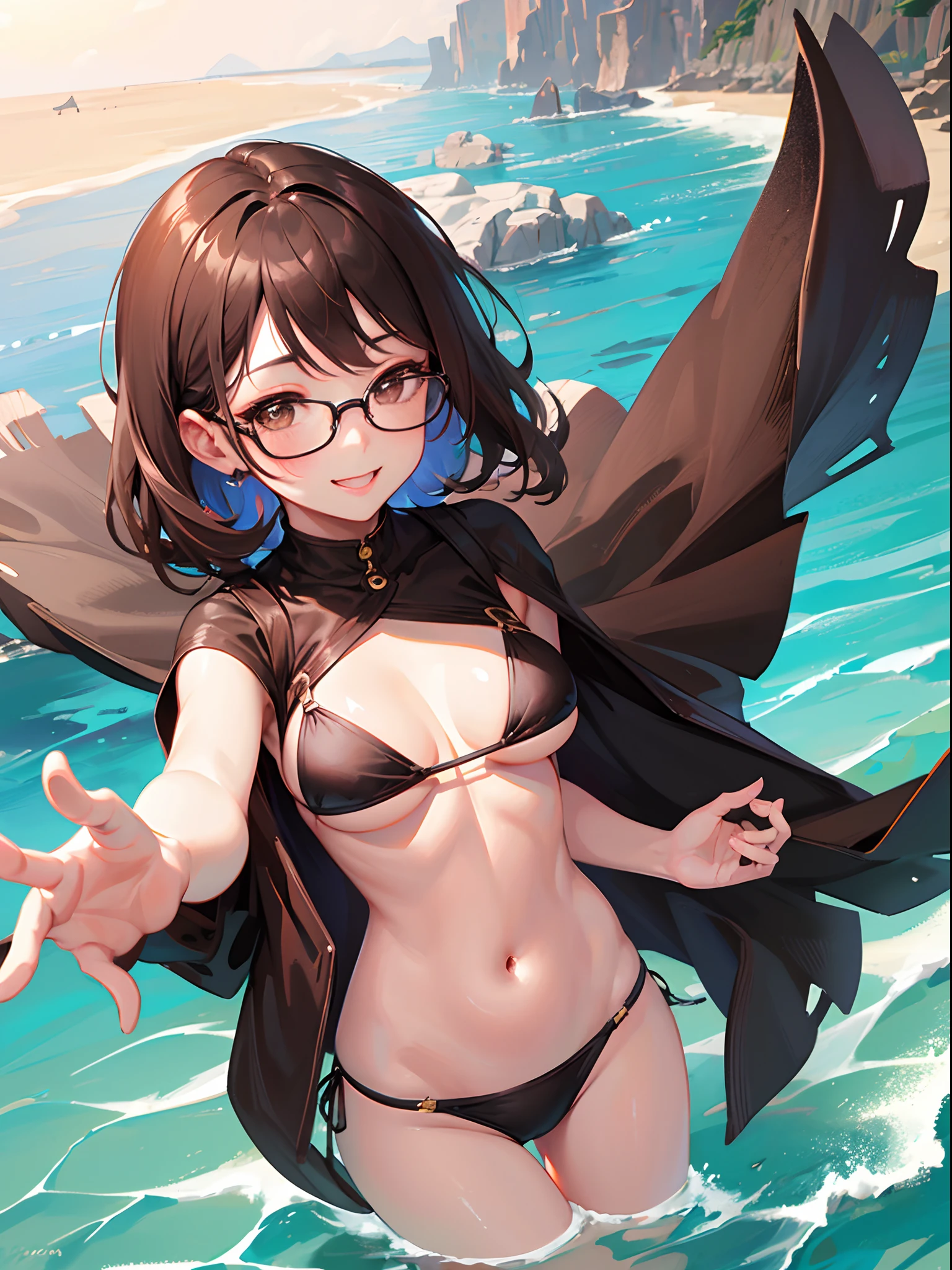 1 female、brown haired、Brown eyes、Black-rimmed glasses、seductive boobs、gorgeous faces、Perfect body。Best Quality、ultra-detailliert、8K resolution、Raw photo、masutepiece。Mare、The bikini。a smile
