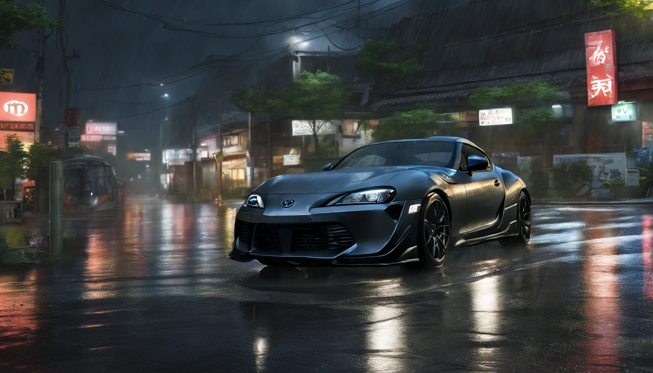 a very rainy night in tokyo, heavy rain with lightning, a calm and calming night with rain, a dark night, lit by lightning and the toyota supra street lights in the middle of the street
