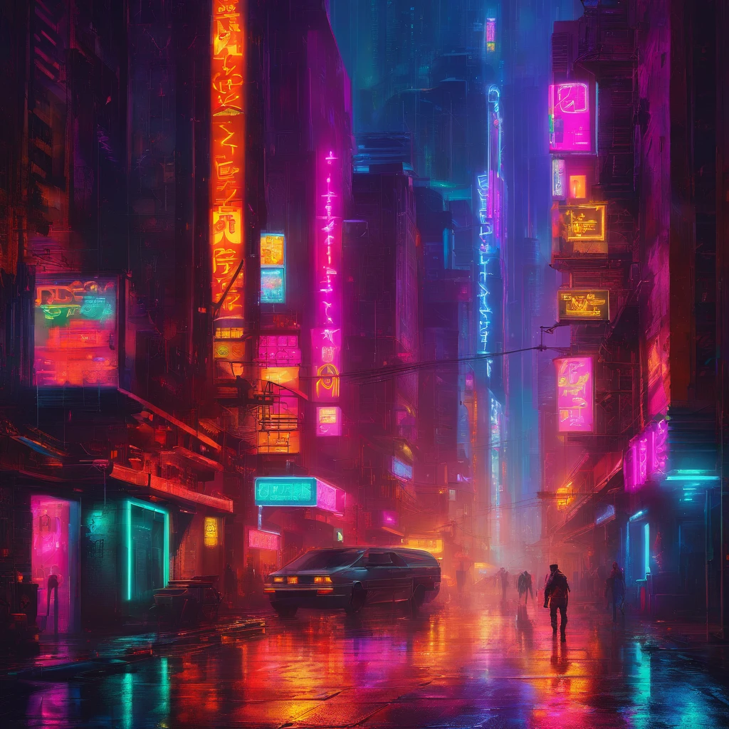 Rainy neon cyberpunk alley, Rough texture impasto stroke painting