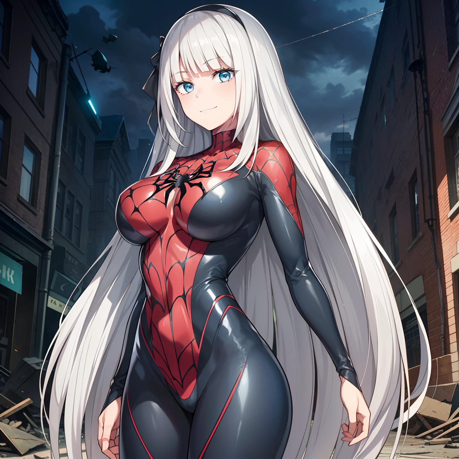 1girl,gigantic breasts,standing in ruined city,(8k),scratches,detailed face,white hair,blue eyes,long hair,embarassed,small smile face,high_res, high_definition,the battlefield,Heroic pose,dark suit, (symbiote spider man Custome:1.1),