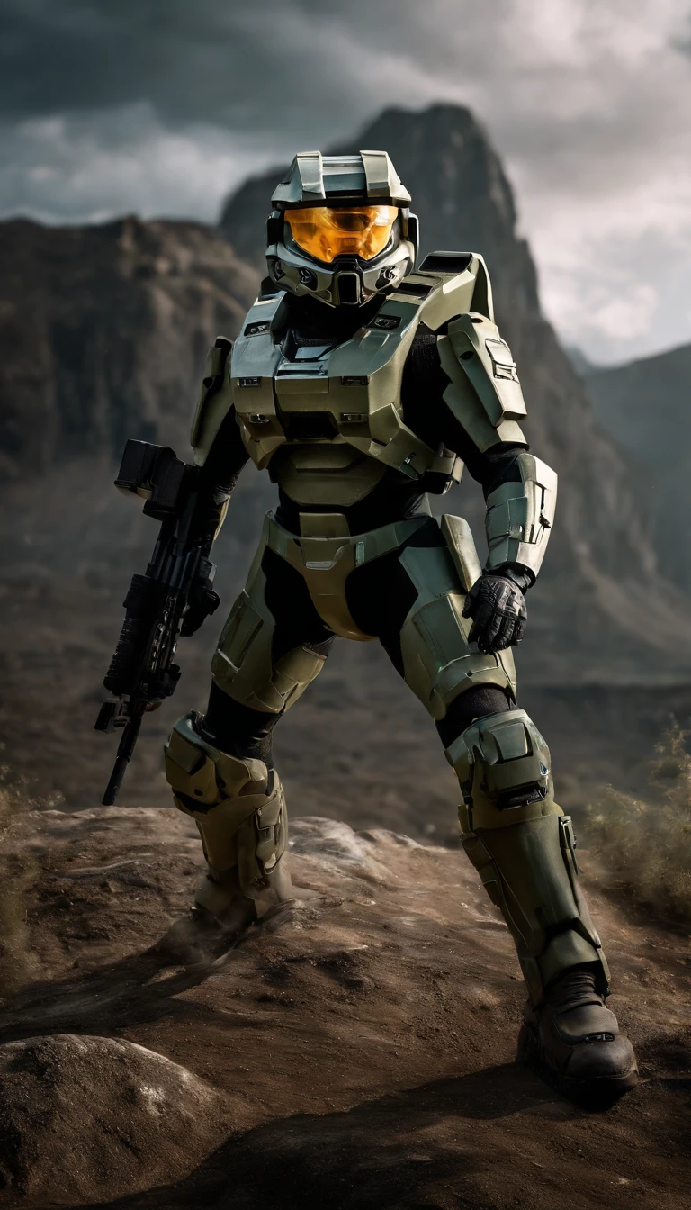 The game "Halo" Master Chief No. 117,With a rifle,On an unknown planet,Fighting the Star Covenant,submission,Full body shot