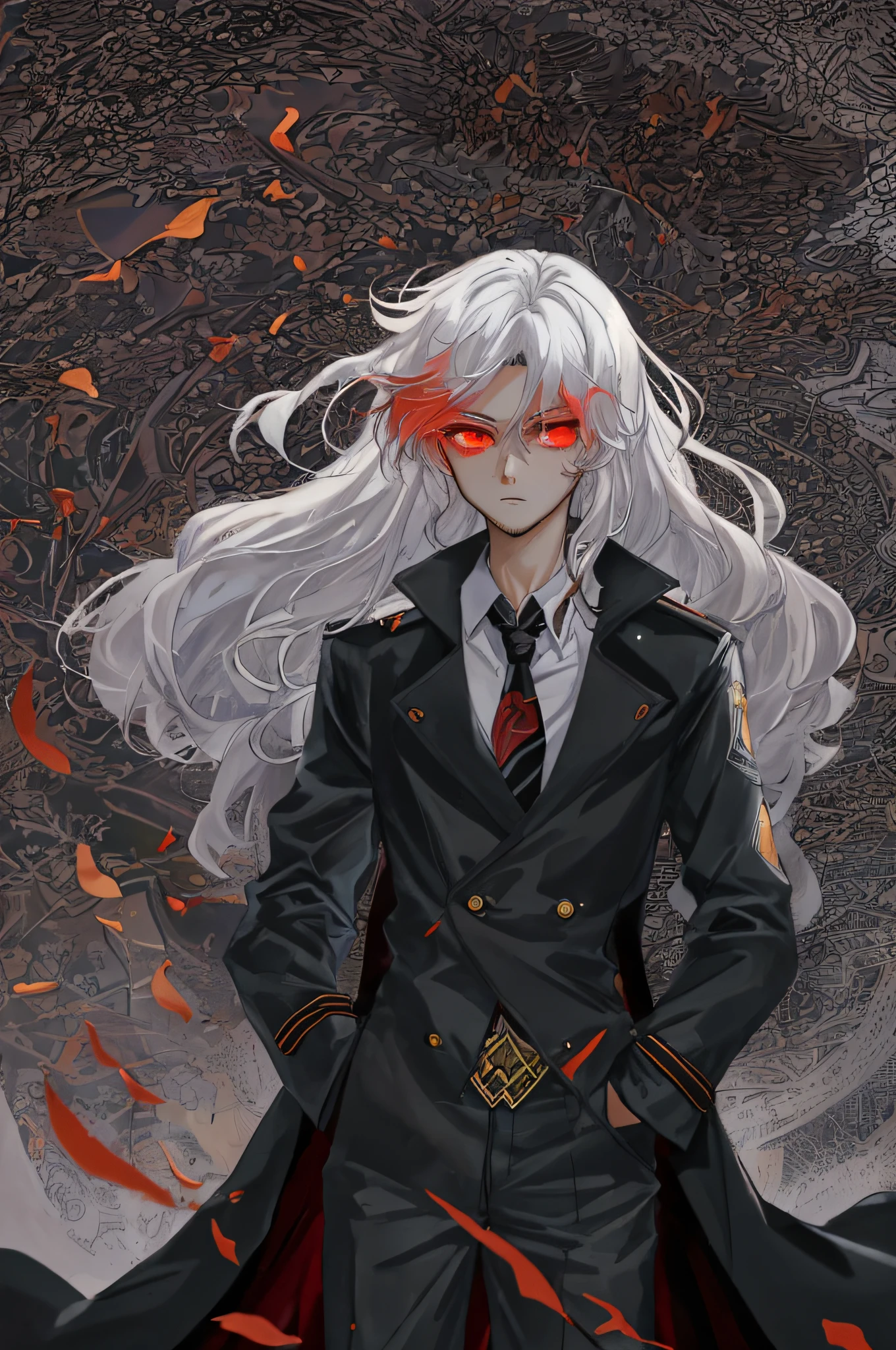 Dark Phoenix，Anime shoujo，solo person，Wear a top that exposes the navel，Long black trench coat，He has messy white hair，Red eyes with a slight helplessness