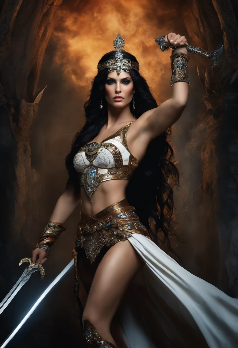 Powerful Warrior White Goddess, long black hair, fierce eyes, full nude body