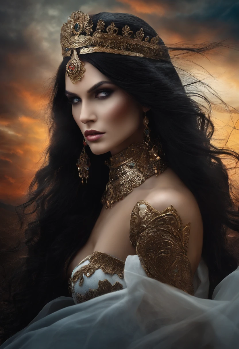Powerful Warrior White Goddess, long black hair, fierce eyes, full nude body