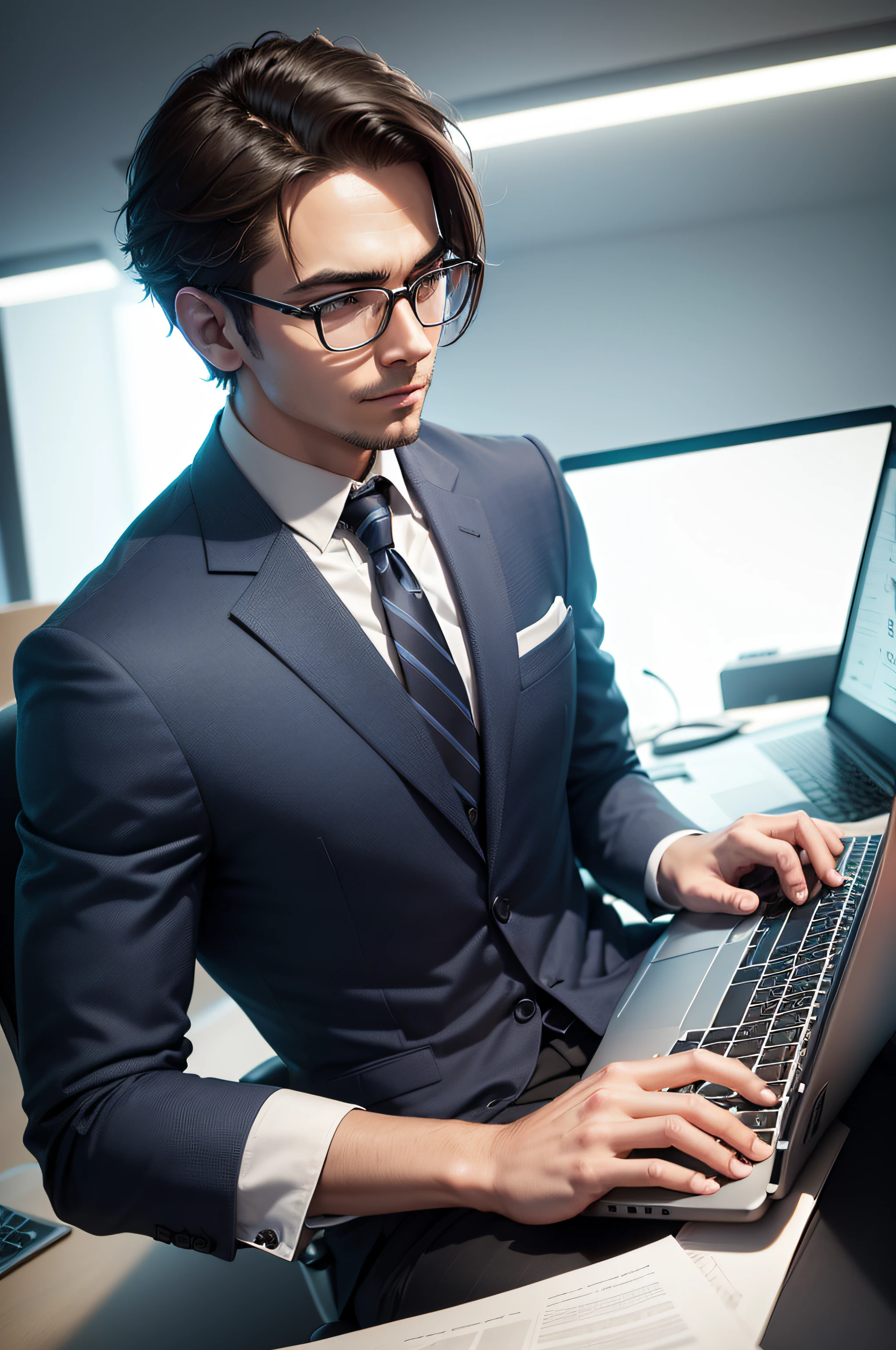 (a person at his office with a laptop sitting, his image alone in the middle of the screen, the rest of the background should be dark), illustratio, detailed office with a modern aesthetic, professional atmosphere, ultra-detailed laptop and office equipment, highres, sharp focus, vivid colors, realistic lighting, reflections on the laptop screen, bokeh, minimalistic style, cool color tones, a sense of solitude, suit, tie, realistic, detail face, elegant