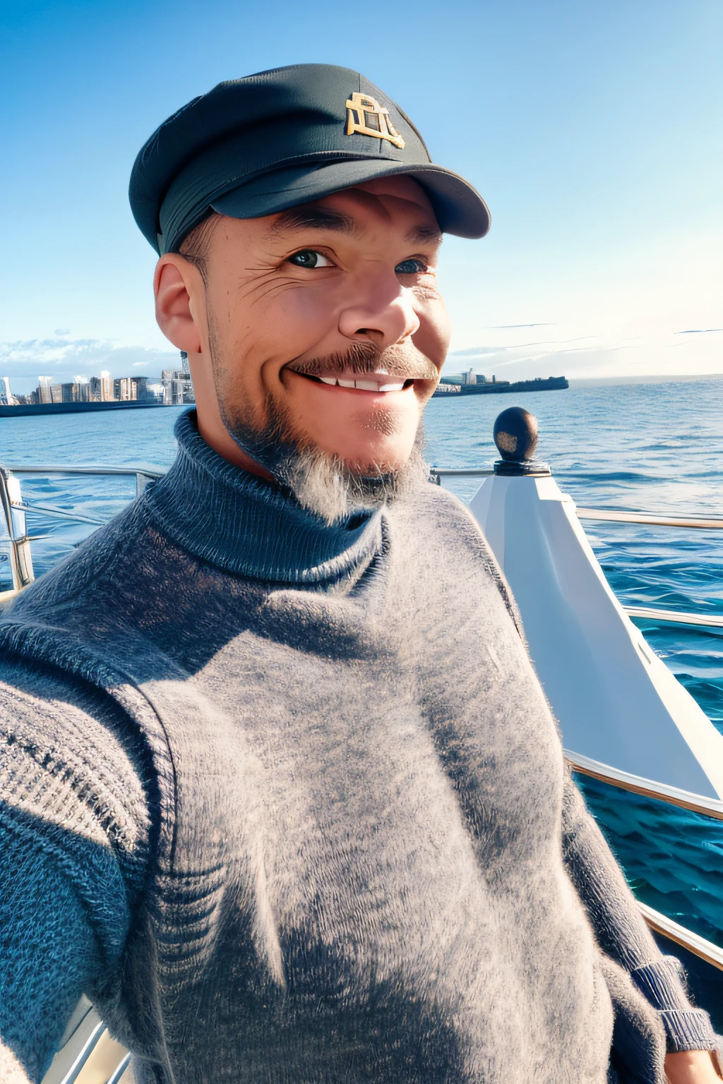 guttojugg1, smile, blue eyes, turtleneck sweater, pants, captain hat, on a ship, beard, looking at you, daylight,