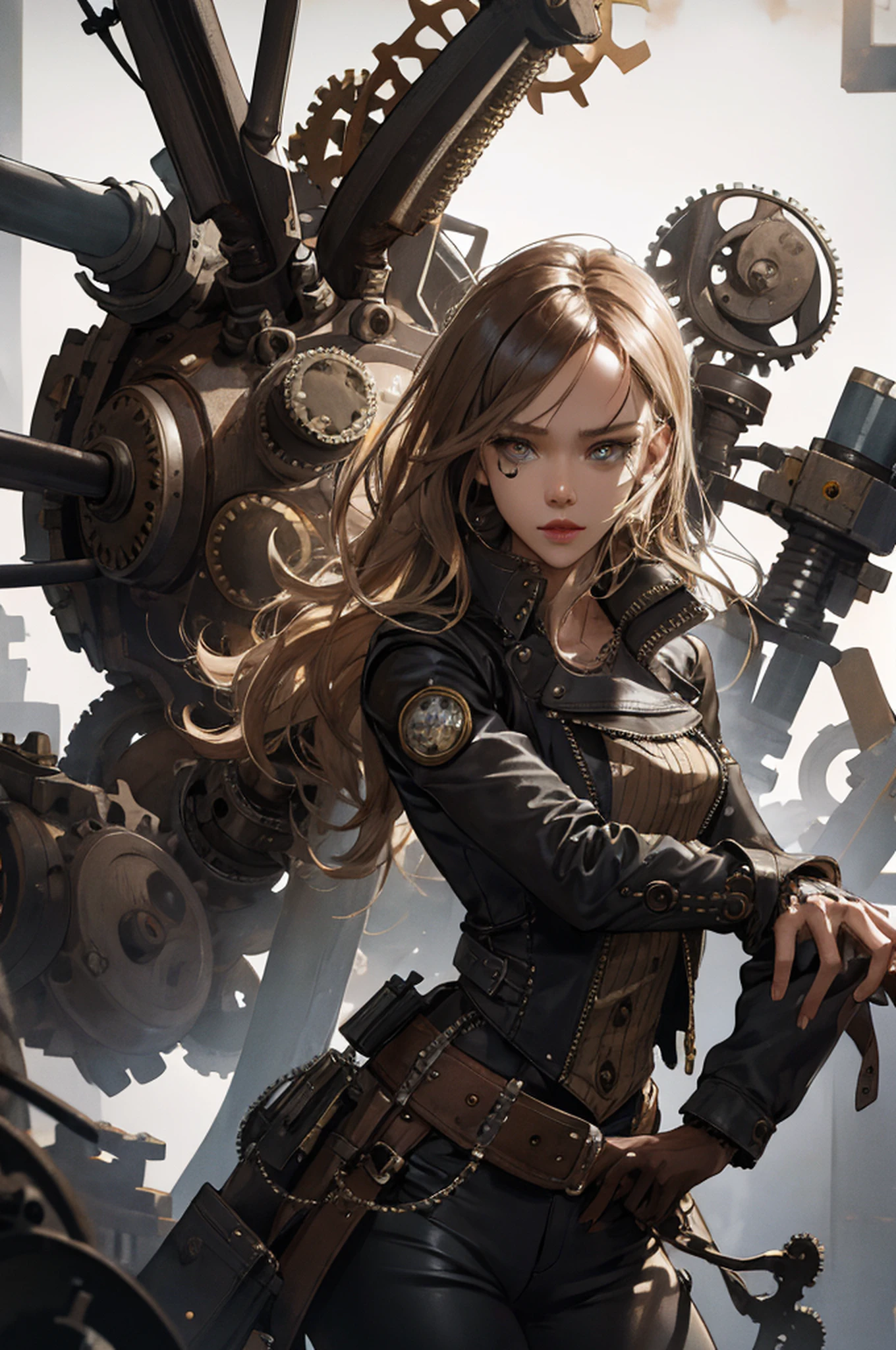Jessica Alba, (absurdres, highres, ultra detailed), 1woman, mature female, aged, long wavy hair, split-colored hair, heterochromia, bangs, long sleeves, finely detailed eyes and detailed face, extremely detailed CG unit 8k wallpaper, intricate details, (style-rustmagic: 0.8), (medieval cyborg: 0.8), portrait, (bloody wounds:0.7), looking at the viewer, solo, half shot, detailed background, (steampunk theme:1.1) determined expression, technomancer dark couds, floating lights, colorful leather vest with gears, techwear, jetpack, workshop in the background, machines, gears, steam, industry, technology, oven, dirt, anvil, buttons, levers, automaton, electricity, electric sparks epic atmosphere,, portrait