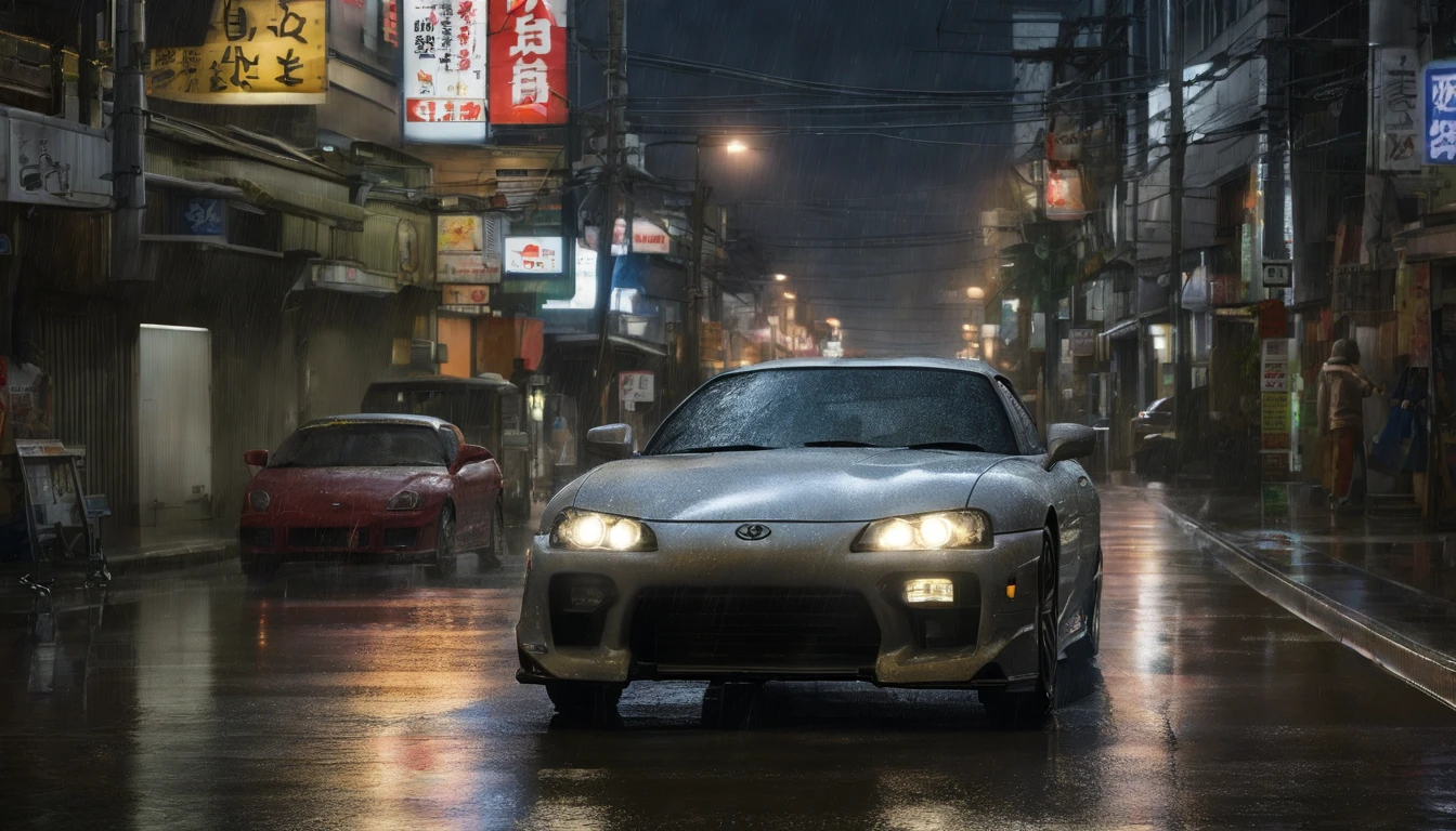 a very rainy night in tokyo, heavy rain with lightning, a calm and calming night with rain, a dark night, lit by lightning and the toyota supra street lights in the middle of the street, imagem ultra wide