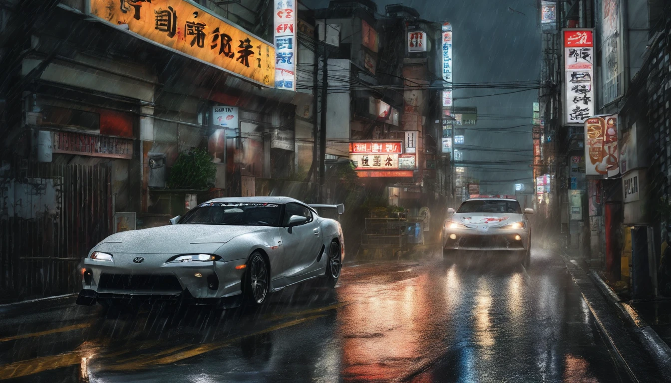 a very rainy night in tokyo, heavy rain with lightning, a calm and calming night with rain, a dark night, lit by lightning and the toyota supra street lights in the middle of the street, imagem ultra wide