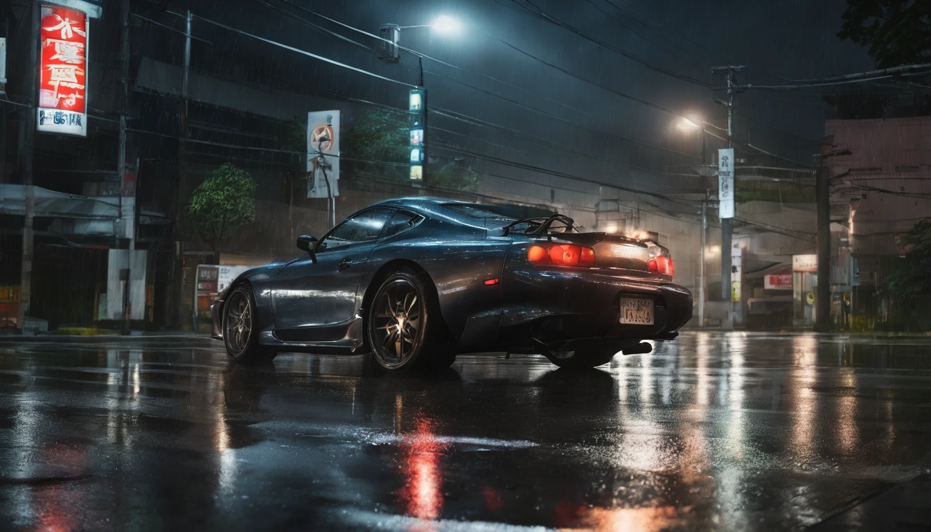 a very rainy night in tokyo, heavy rain with lightning, a calm and calming night with rain, a dark night, lit by lightning and the toyota supra street lights in the middle of the street, imagem ultra wide