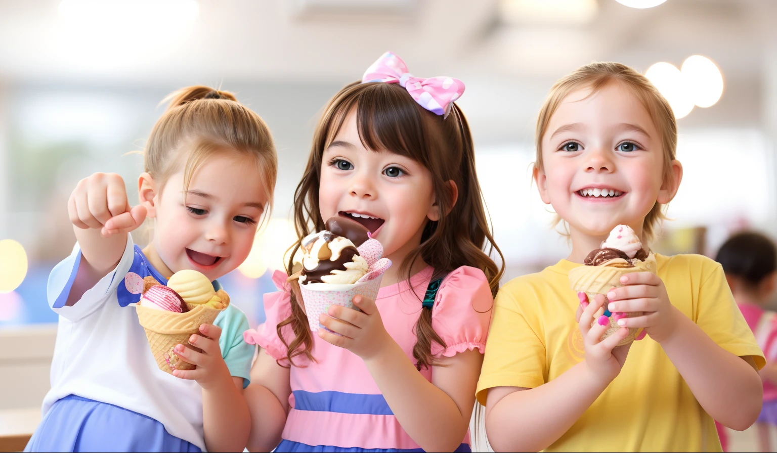 three  are holding up ice cream roll buckets