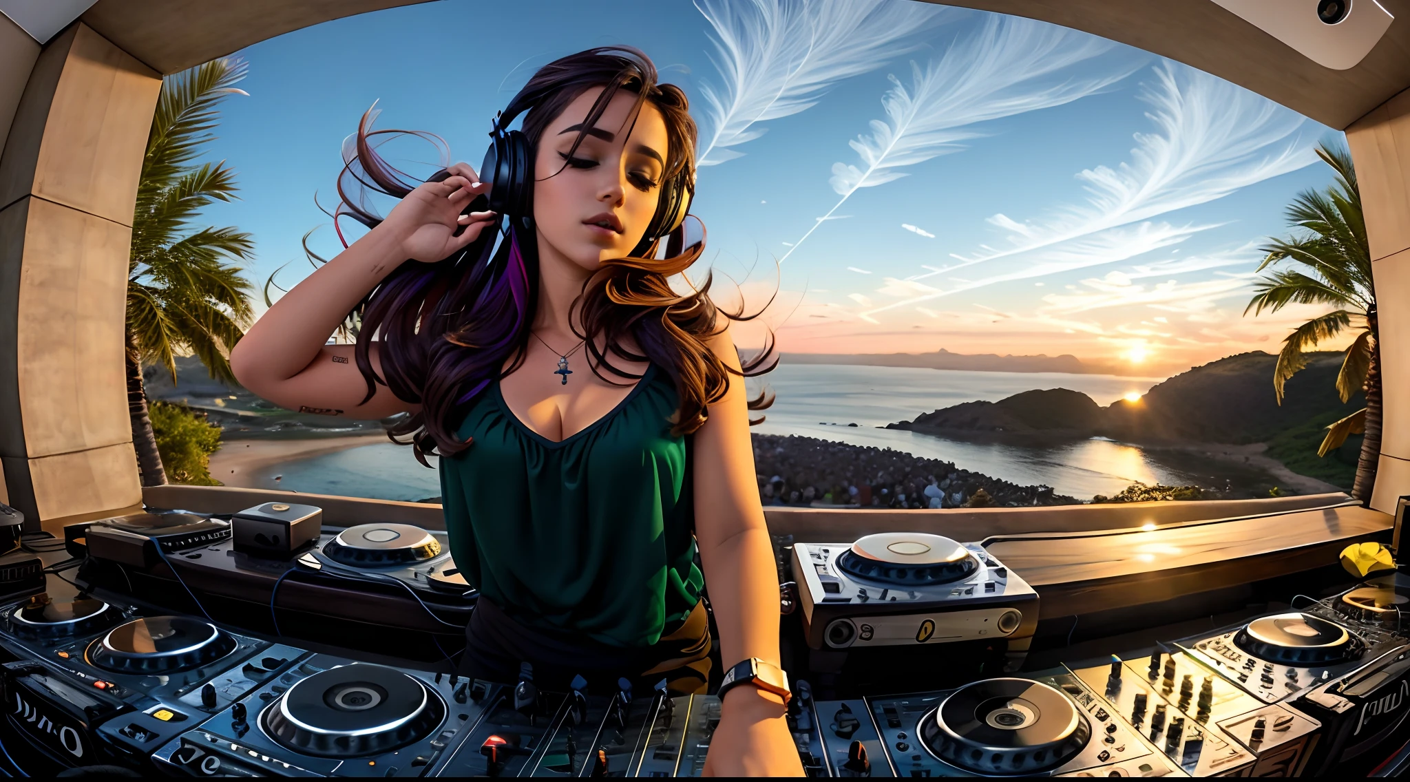 uma mulher linda dj,  cabelo liso muito comprido , com  fones de ouvido, perfect fingers , prisma, 2 d cg | luzes neom |, Art not Guweiz style, 3840x2160, 3840 x 2160, Estilo anime 4K, papel de parede!, Fanart de alta qualidade