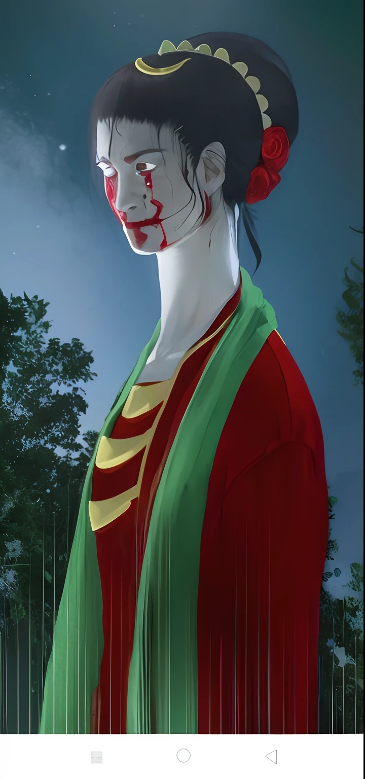 Ghost, girl, That grandmother is scary,hair in a bun, Black hair, bloody eyes, red clothes, green scarf, realistic