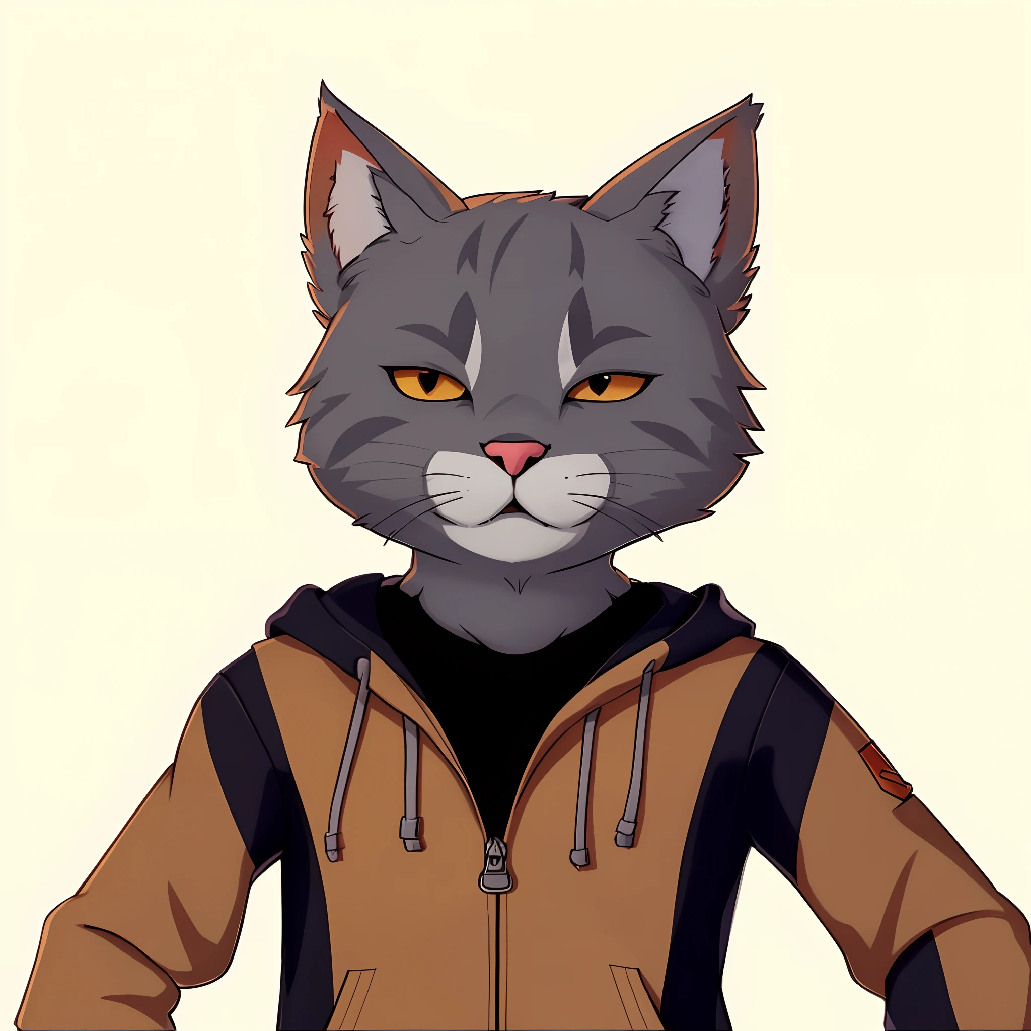 There's a cat wearing a hoodie and a jacket, Retrato de personagem peludo, Antro Gato, ninja of the Gatomorphic Antro, um Antro Gato, Tabaxi :: Velhaco, Ashfur de gatos guerreiros, fursona furry art commission, Retrato de um clube, personagem peludo, fursona commission, Gatopomorphic Antrum, warrior cats fan art, generic furry style