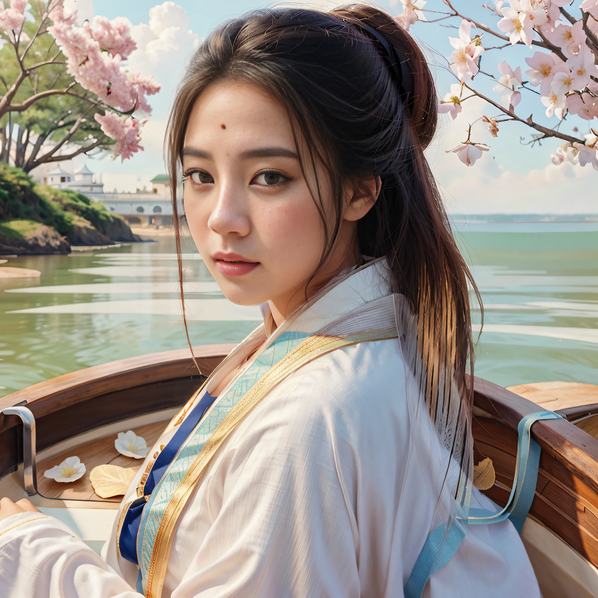There's a woman on a boat, a beautiful artwork illustration, pintura de personagem bonita, palace , Uma em Hanfu, bela arte digital, Arte no estilo de Guweiz, Beautiful digital illustration, bela arte digital, stunning digital illustration, pintura digital elegante , exquisite digital illustration, linda arte digital linda, inspirada em Sim Sa-jeong.