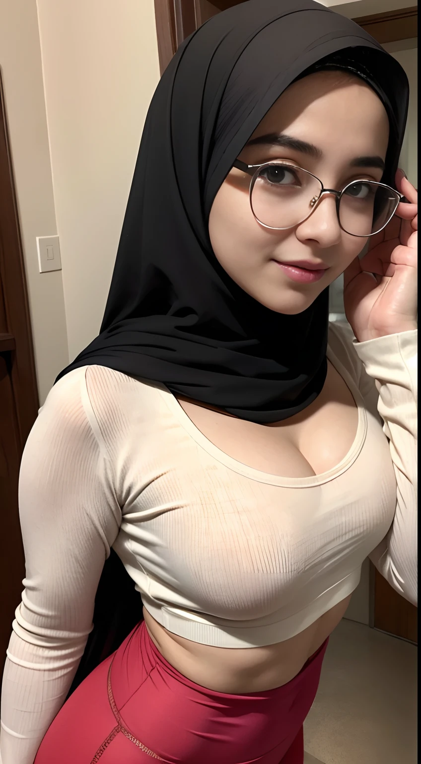 (wearing-hijab:1.4), ((ultra gigantic tits))), ((plump body shape)), ((Plump)), ((Nipple Exposed)), (Detailed description of face),(Detailed description of body), Fair and clear skin, matchless beauty, long legged,(Stockings),Beauty mole,(Sapphire Necklace),(mature royal Mother),(red-lips),(touch tits), (seducting smile), Facing the audience,Hand Lie On bed、Lie down on bed, dress、the royal palace、a bed、doress、see -through, wearing glasses, wearing t-shirt and thight pants , thick arm, thick thighs 