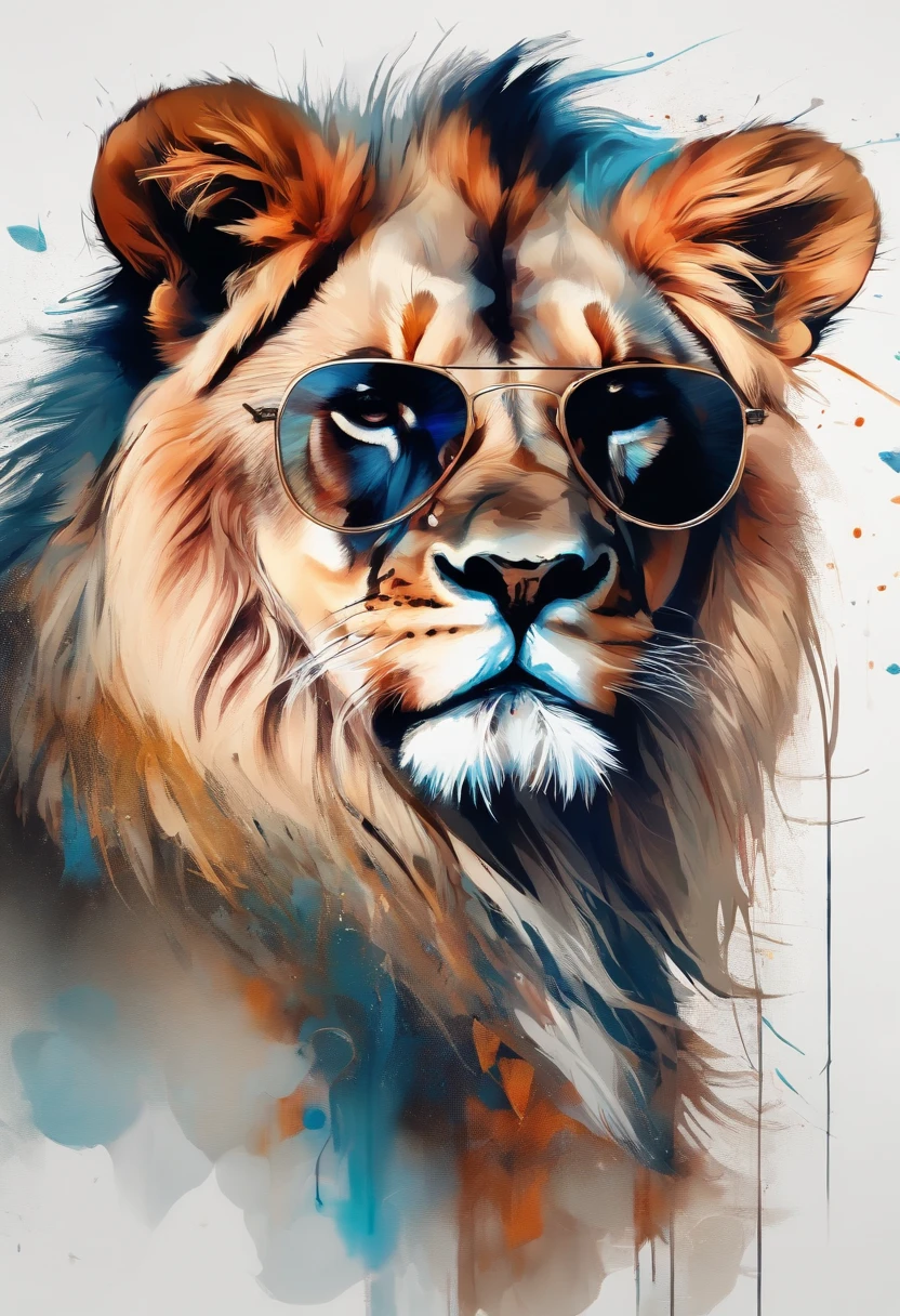Perfect centralization, A Cute Lion Everywhere, Use uma jaqueta de estudante, wearing sunglasses, Usando fones de ouvido, Standing position, beleza abstrata, Centrado, looking at the camera, Facing the camera, nearing perfection, Dynamic, luar, altamente detalhado, pintura digital, art stations, Conceito-Arte, liso, foco nítido, 8k, high-definition resolution, illustration, arte de Carne Griffiths e Wadim Kashin, fundo branco