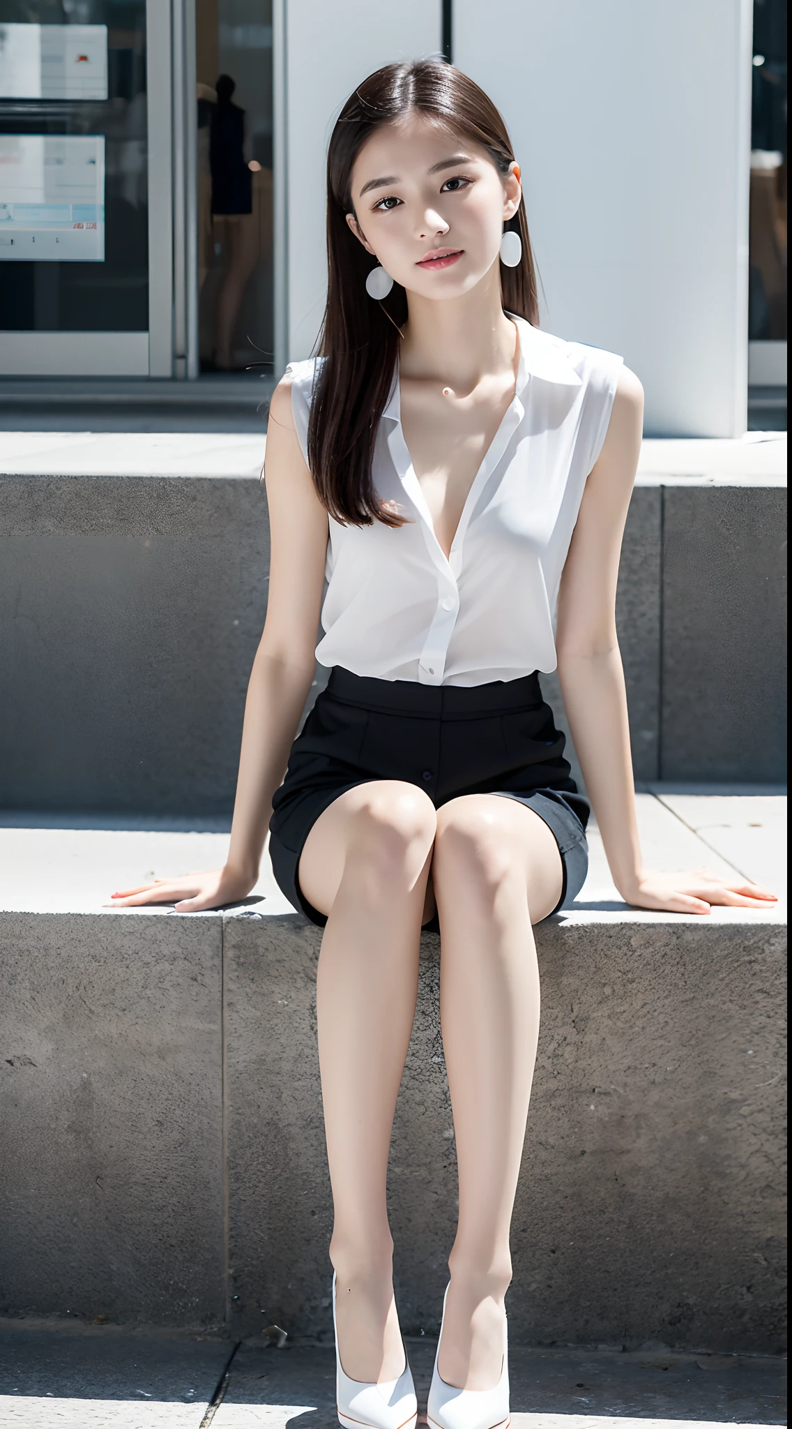 Ultra-clear resolution,top Quority,Wonderful young girl,ear studs,Clear eyes,plain face,Gloss on lips,s the perfect face,White skin,Perfect chest,Slender legs,Gray workplace miniskirt,black heels,street