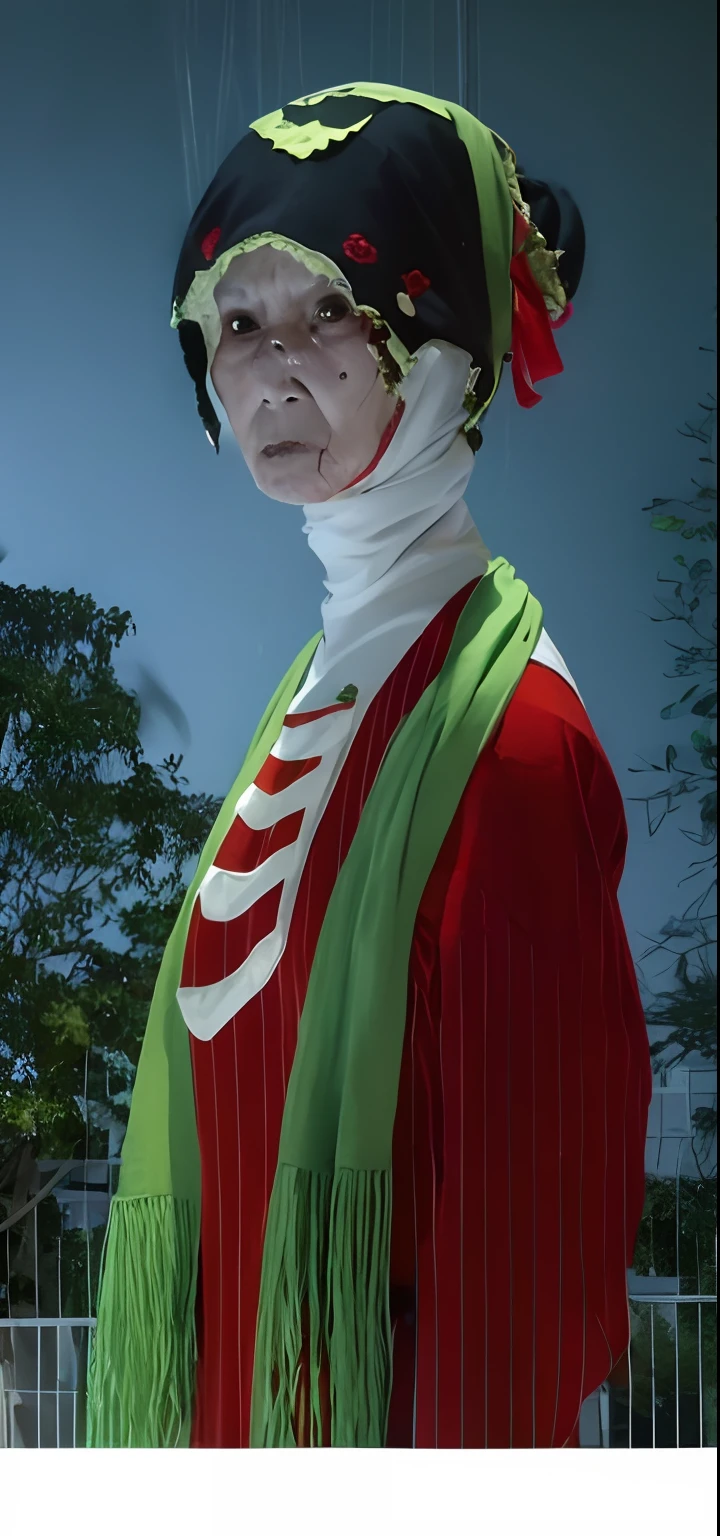 Ghost, woman, old grandmother, hair in a bun, bloody eyes, red clothes, green scarf, realistic