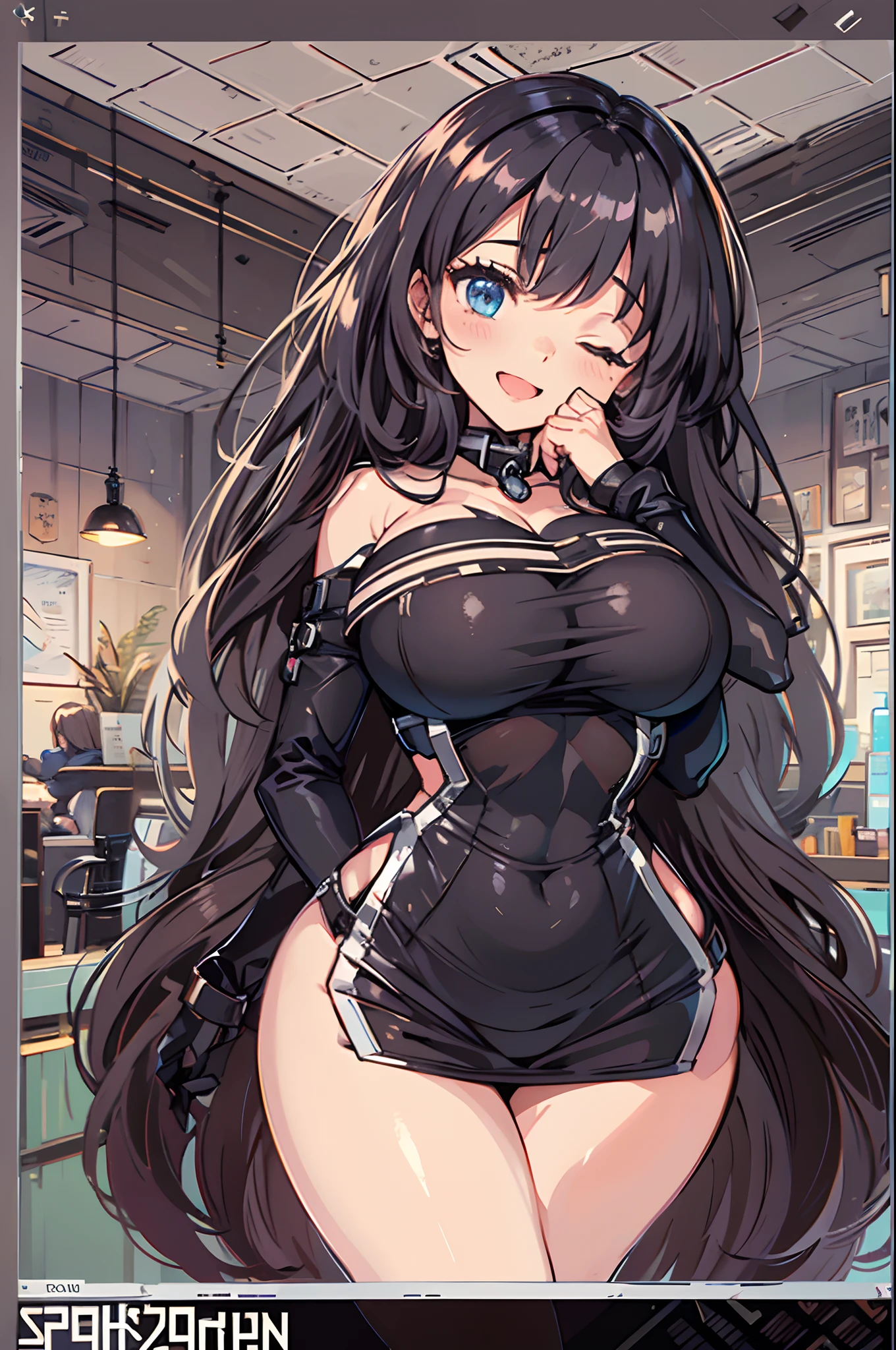1girll，cabelos preto e longos，ssmile，ys，Anything you put here should be fine，((Huge breasts :1.5)）