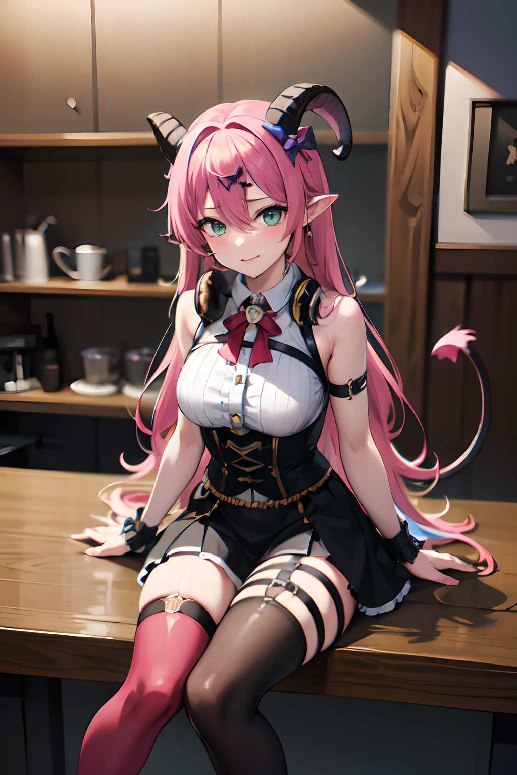 masterpiece, best quality, highres, aloe1, 1girl, solo, pointy ears, multicolored hair, asymmetrical horns, demon horns, hair ornament, blonde hair, chest harness, thighhighs, long hair, asymmetrical legwear, pink hair, sleeveless, bare shoulders, demon tail, thigh strap, wrist cuffs, green eyes, arm strap, skirt, horn bow, mismatched legwear, sleeveless horn ornament, bangs, headphones around neck, uneven legwear, hair between eyes,  cafe, sitting, coffee, mug,