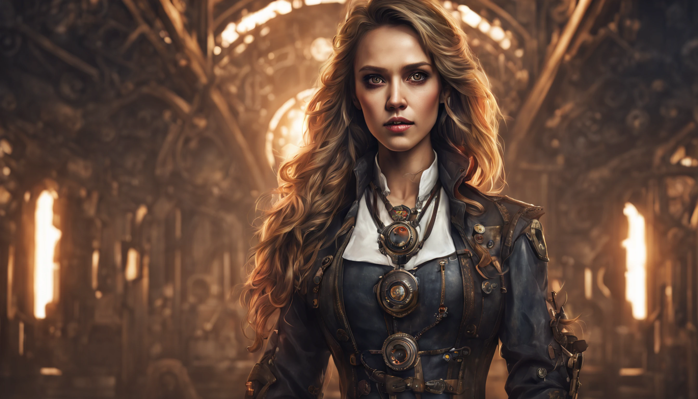 Jessica Alba, (absurdres, highres, ultra detailed), 1woman, mature female, aged, long wavy hair, split-colored hair, heterochromia, bangs, long sleeves, finely detailed eyes and detailed face, extremely detailed CG unit 8k wallpaper, intricate details, (style-rustmagic: 0.8), (medieval cyborg: 0.8), portrait, (bloody wounds:0.7), looking at the viewer, solo, half shot, detailed background, (steampunk theme:1.1) determined expression, technomancer dark couds, floating lights, colorful leather vest with gears, techwear, jetpack, workshop in the background, machines, gears, steam, industry, technology, oven, dirt, anvil, buttons, levers, automaton, electricity, electric sparks epic atmosphere,, portrait