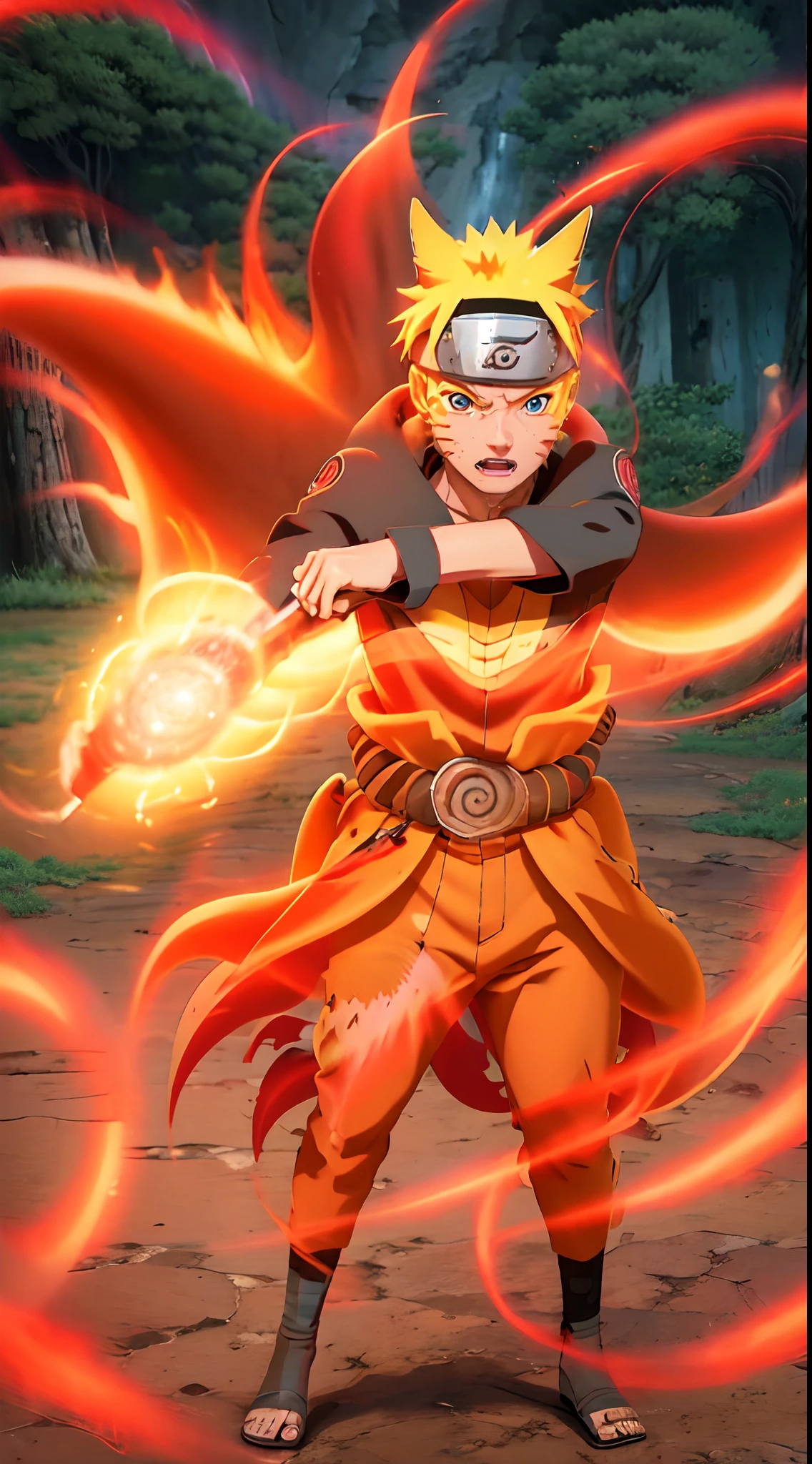 Uzumaki Naruto Shippuden, art cinematic,best quality, Nove contos Fox Sprite no fundo, beautiful red cinematic light effects, Obra de arte premiada da Masterpiece Collection, Arte Oficial, Vila Escondida da Folha, coragem, Full body with dynamic poses, Anime japones, cinematic anime effects