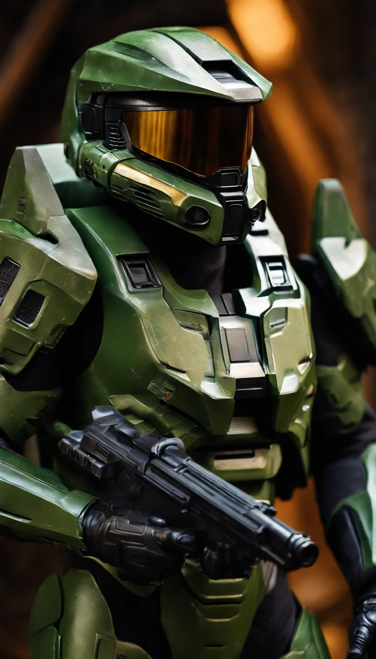 (highres,ultra-detailed,realistic:1.37),(best quality,4k,8k,masterpiece:1.2),HDR,professional,stunning,vivid colors,bokeh,sharp focus,physically-based rendering,portraits
117 Master Chief from the game "Halo" holding an energy rifle, standing on an unknown planet. He is wearing a futuristic high-tech green armor with intricate details all over it. The armor reflects the light beautifully, creating vibrant colors and a mesmerizing bokeh effect. The level of detail in the armor is extraordinary, with every little element carefully crafted. The Master Chief's face is covered by a helmet with a tinted visor, adding an air of mystery. The armor is battle-worn, showing signs of previous conflicts. The surrounding environment is vast and surreal, with towering alien structures and a breathtaking sky filled with distant stars. The atmosphere is charged with anticipation, as if an epic battle is about to unfold. The Master Chief stands tall and confident, ready to face any challenge that comes his way. This portrait captures the essence of the game "Halo" and the iconic character of the 117 Master Chief in a realistic and stunning way.