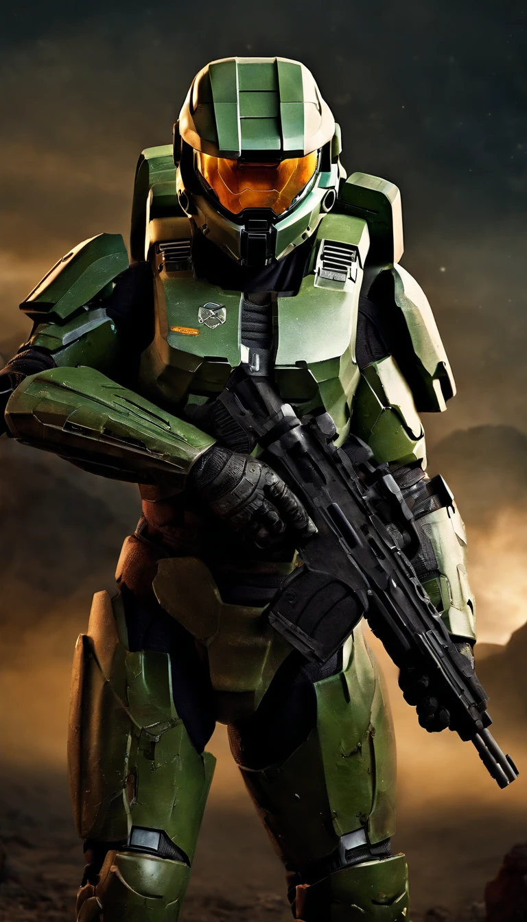 (highres,ultra-detailed,realistic:1.37),(best quality,4k,8k,masterpiece:1.2),HDR,professional,stunning,vivid colors,bokeh,sharp focus,physically-based rendering,portraits

117 Master Chief from the game "Halo" holding an energy rifle, standing on an unknown planet. He is wearing a futuristic high-tech green armor with intricate details all over it. The armor reflects the light beautifully, creating vibrant colors and a mesmerizing bokeh effect. The level of detail in the armor is extraordinary, with every little element carefully crafted. The Master Chief's face is covered by a helmet with a tinted visor, adding an air of mystery. The armor is battle-worn, showing signs of previous conflicts. The surrounding environment is vast and surreal, with towering alien structures and a breathtaking sky filled with distant stars. The atmosphere is charged with anticipation, as if an epic battle is about to unfold. The Master Chief stands tall and confident, ready to face any challenge that comes his way. This portrait captures the essence of the game "Halo" and the iconic character of the 117 Master Chief in a realistic and stunning way.