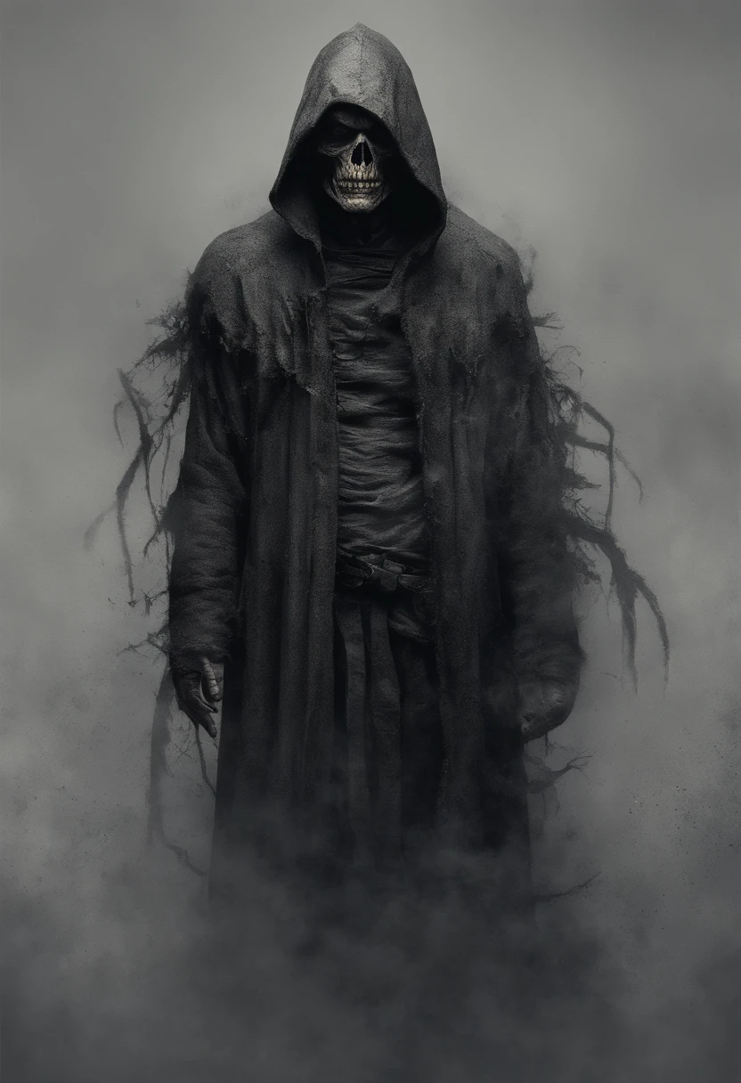 very old man, Looks like a corpse, Half of his face was deformed, Beggar, Dirty, angry look, Short gray hair, Pale and wrinkled skin, Yellowing of the pupils, Hunchback position, Waist up, Penetrating power and evil expression, long black cape, Torn clothes, Raven feather cloak on the back, The left side of the body is covered with straps and hood, Heavy fog, Dark gas station, Horror, fear, Scary, suspense, mysterious